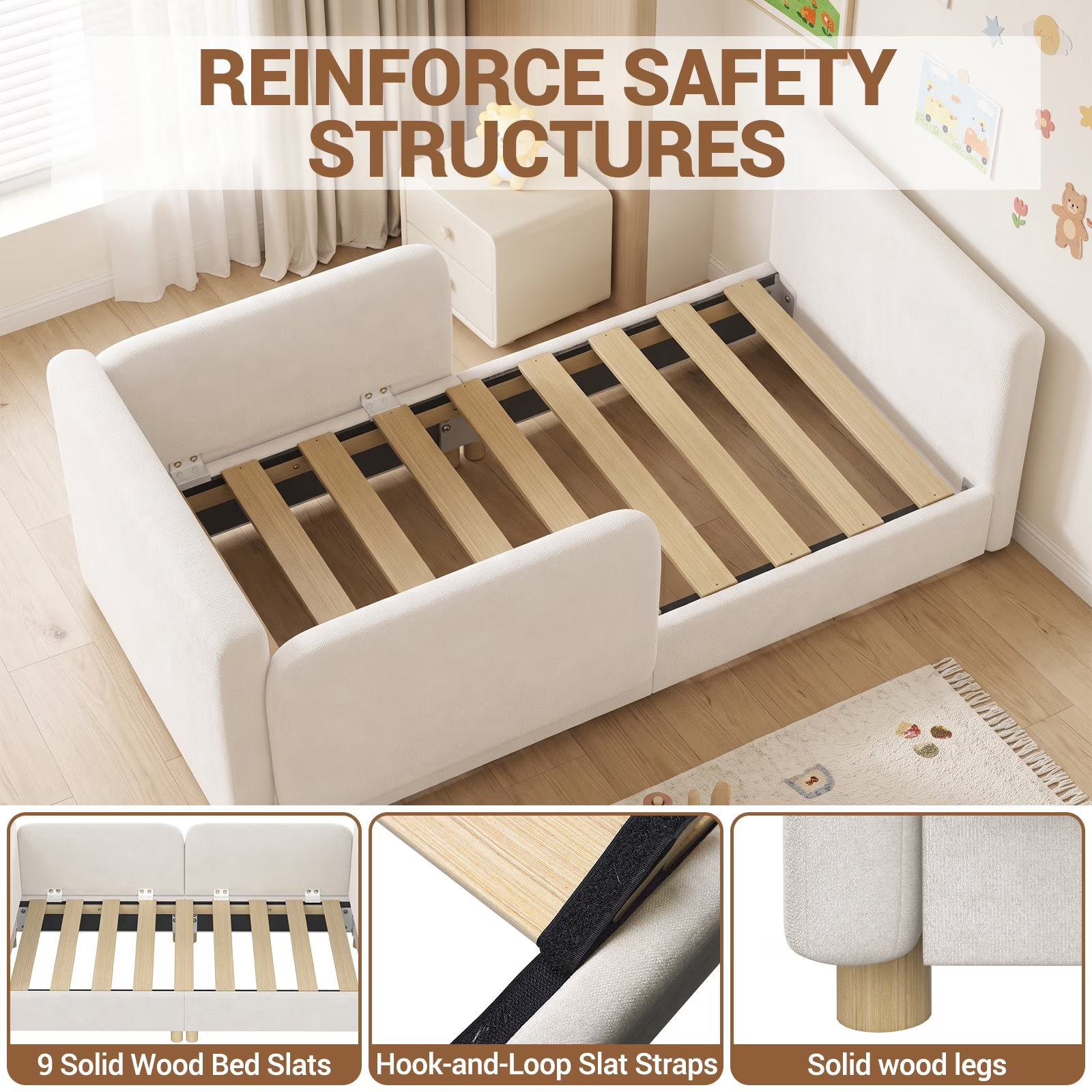 3-in-1 Convertible Kids Sofa – Transforms into Toddler Bed & Bedside Sleeper, Soft Chenille Upholstery, Removable Side Rails, Low-Profile Floor Design