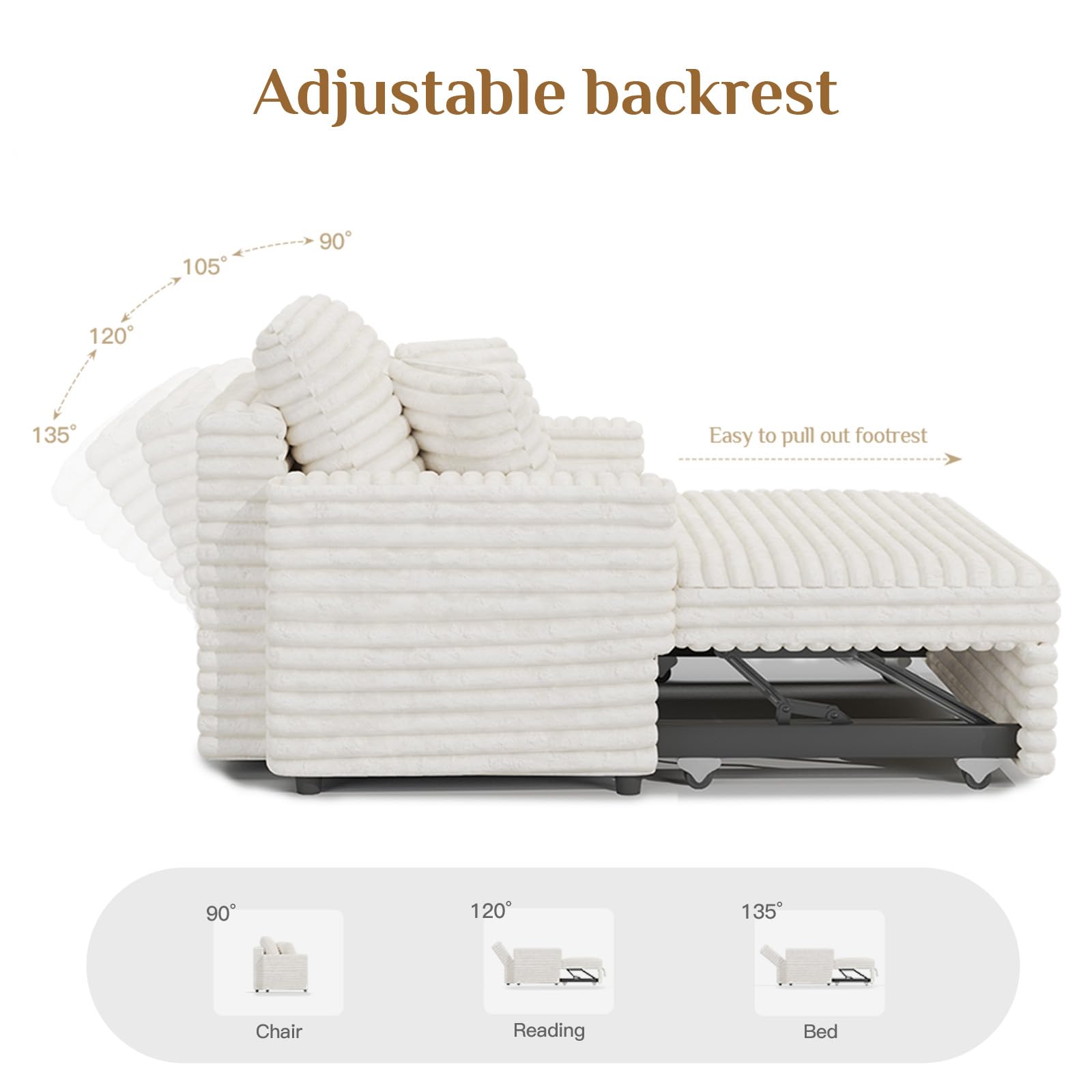 Upholstered Chaise Lounge Pull Out Sofa Bed with Pillows Couch Bed Sofa Pull Out Couch Sleeper Chair for Living Room Plush Corduroy