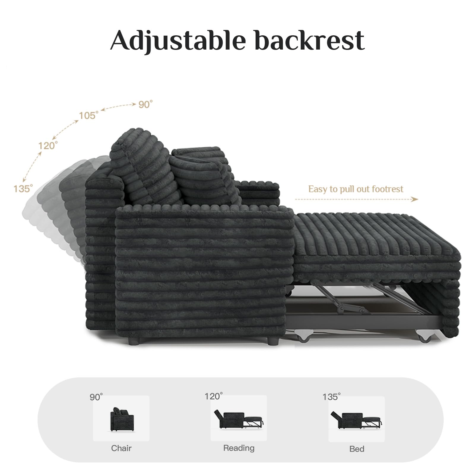 Upholstered Chaise Lounge Pull Out Sofa Bed with Pillows Couch Bed Sofa Pull Out Couch Sleeper Chair for Living Room Plush Corduroy