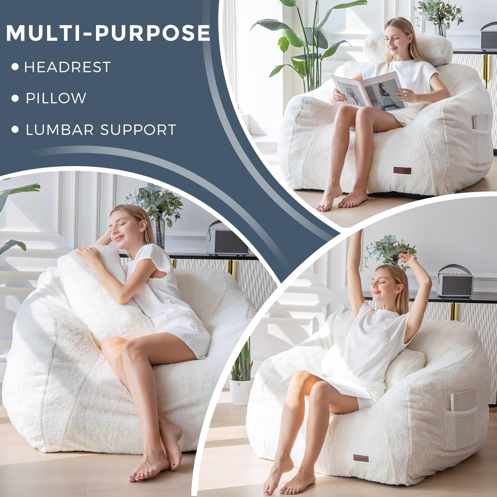 Giant Bean Bag Chair with Pillow, Boucle Bean Bag Sofa for Adults,Large Upholstered Bean Bag Couch Lazy Sofa with Filler for Reading, Gaming, Beige