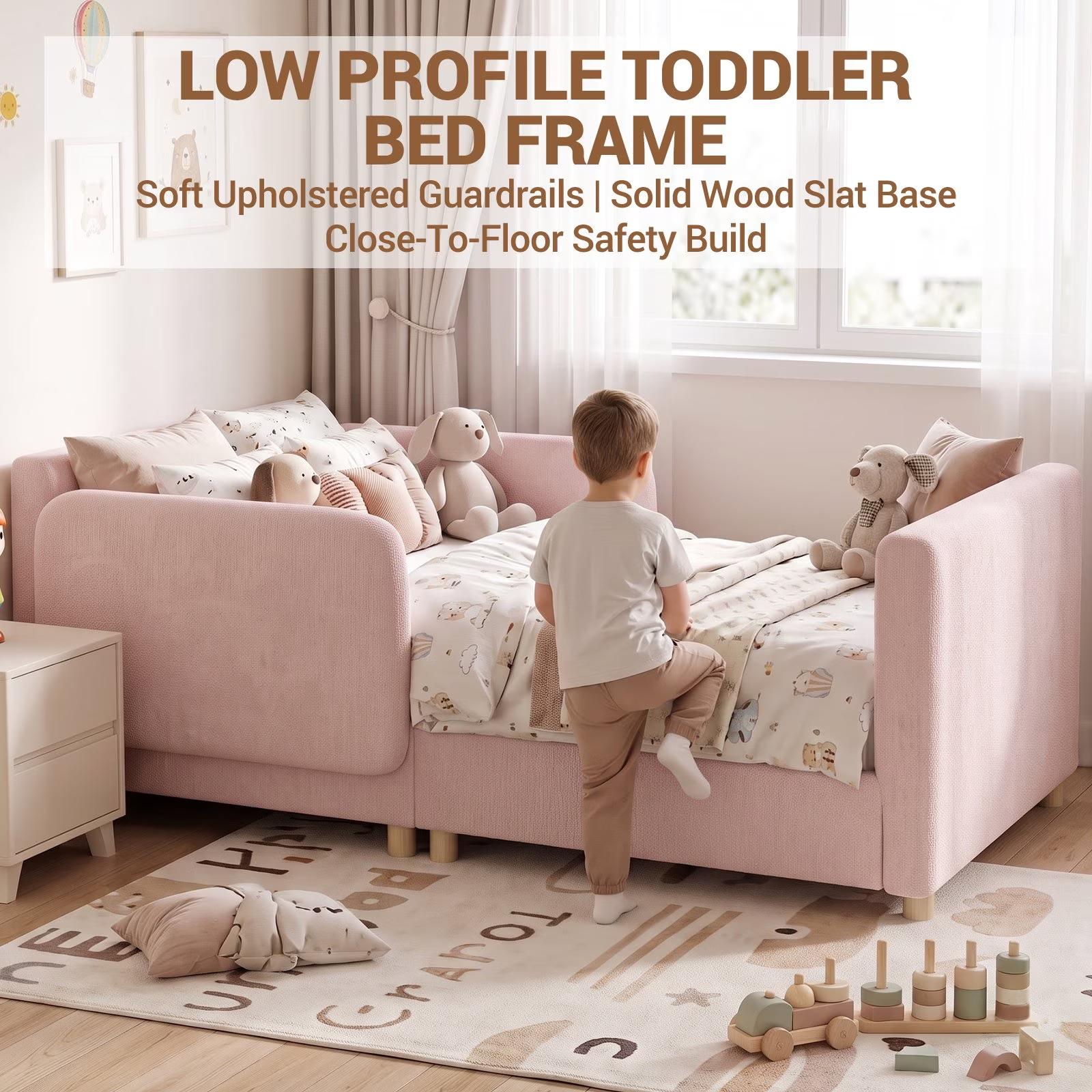3-in-1 Convertible Kids Sofa – Transforms into Toddler Bed & Bedside Sleeper, Soft Chenille Upholstery, Removable Side Rails, Low-Profile Floor Design