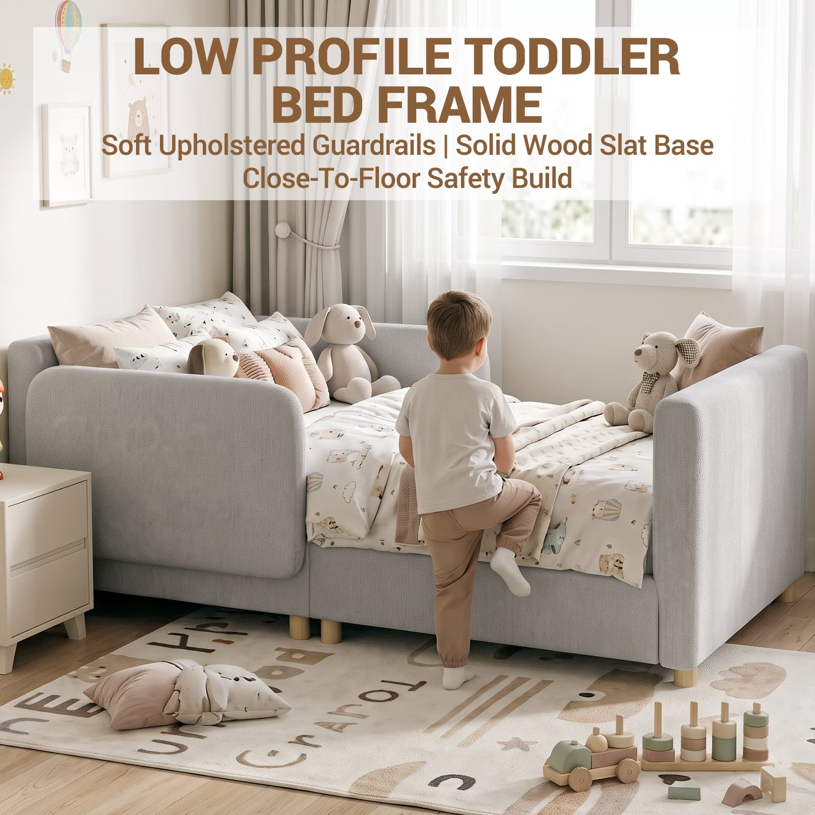 3-in-1 Convertible Kids Sofa – Transforms into Toddler Bed & Bedside Sleeper, Soft Chenille Upholstery, Removable Side Rails, Low-Profile Floor Design