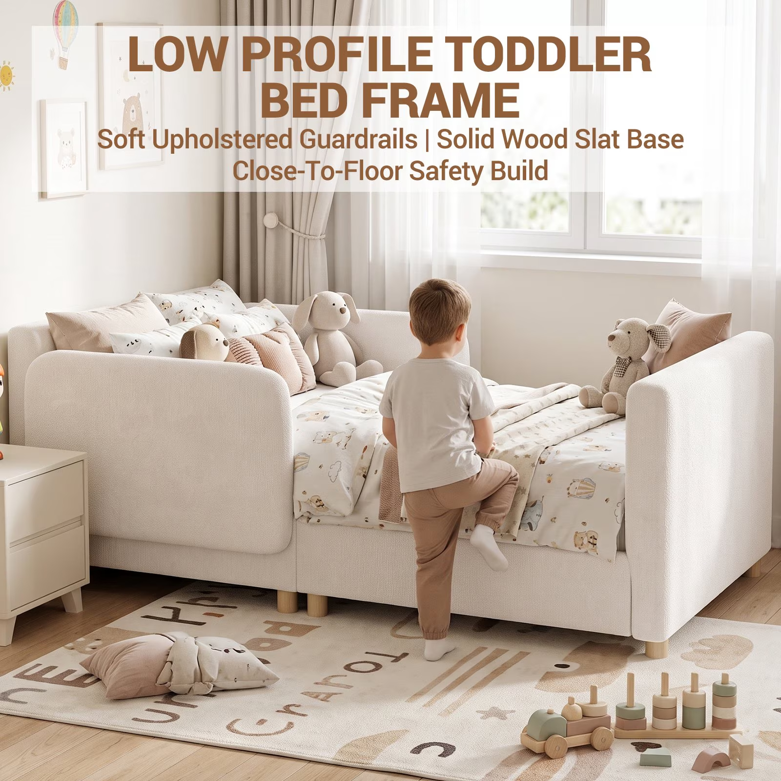 3-in-1 Convertible Kids Sofa – Transforms into Toddler Bed & Bedside Sleeper, Soft Chenille Upholstery, Removable Side Rails, Low-Profile Floor Design