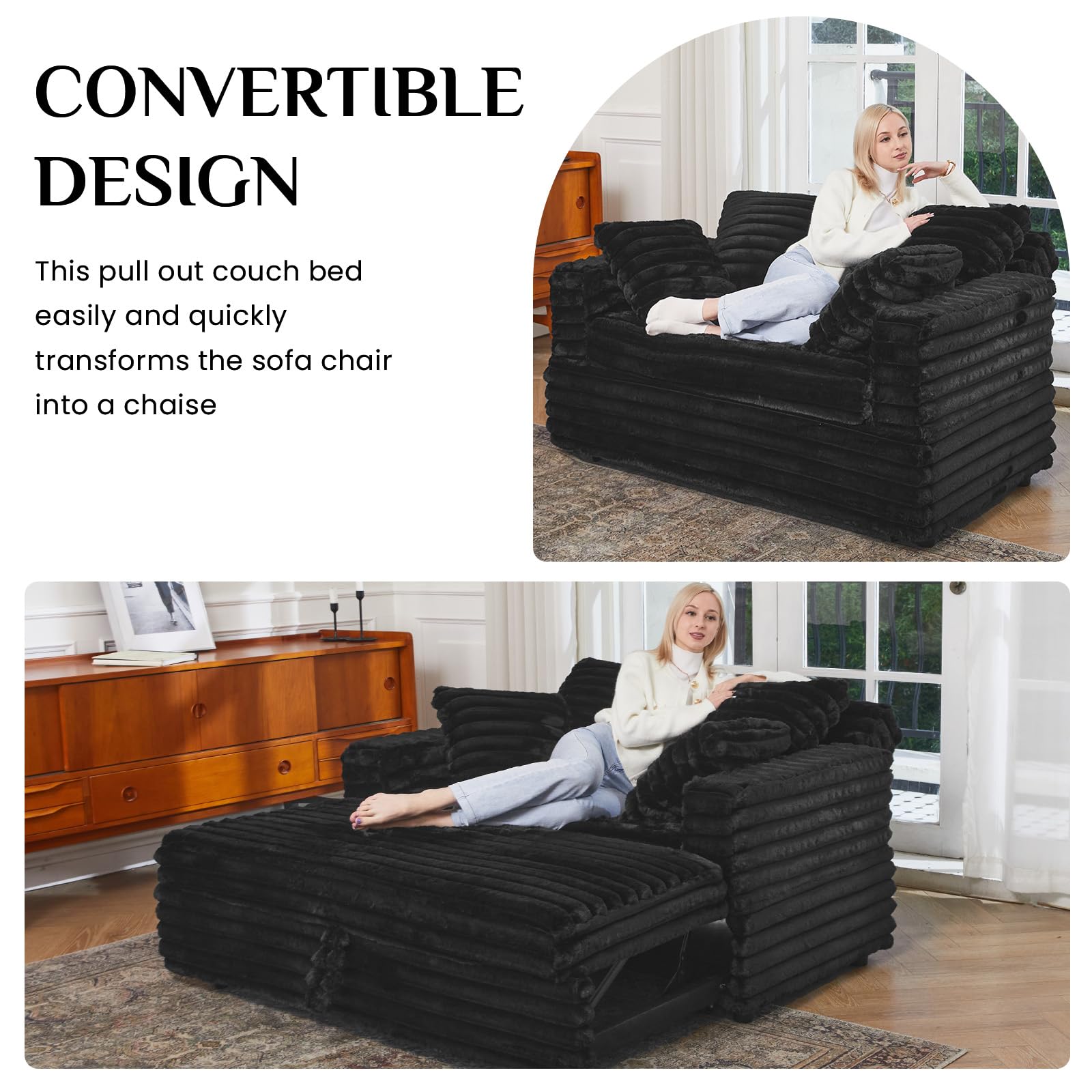 Upholstered Chaise Lounge Pull Out Sofa Bed with Pillows Couch Bed Sofa Pull Out Couch Sleeper Chair for Living Room Plush Corduroy