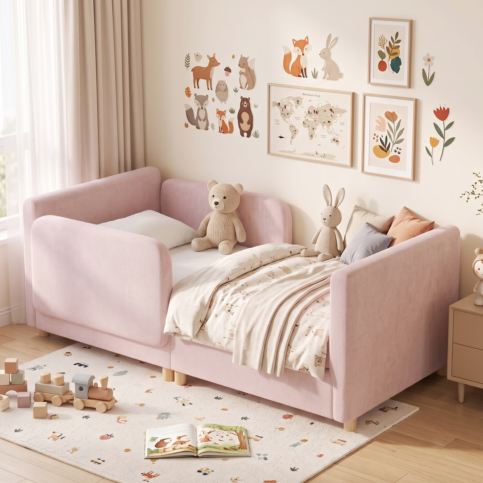3-in-1 Convertible Kids Sofa – Transforms into Toddler Bed & Bedside Sleeper, Soft Chenille Upholstery, Removable Side Rails, Low-Profile Floor Design