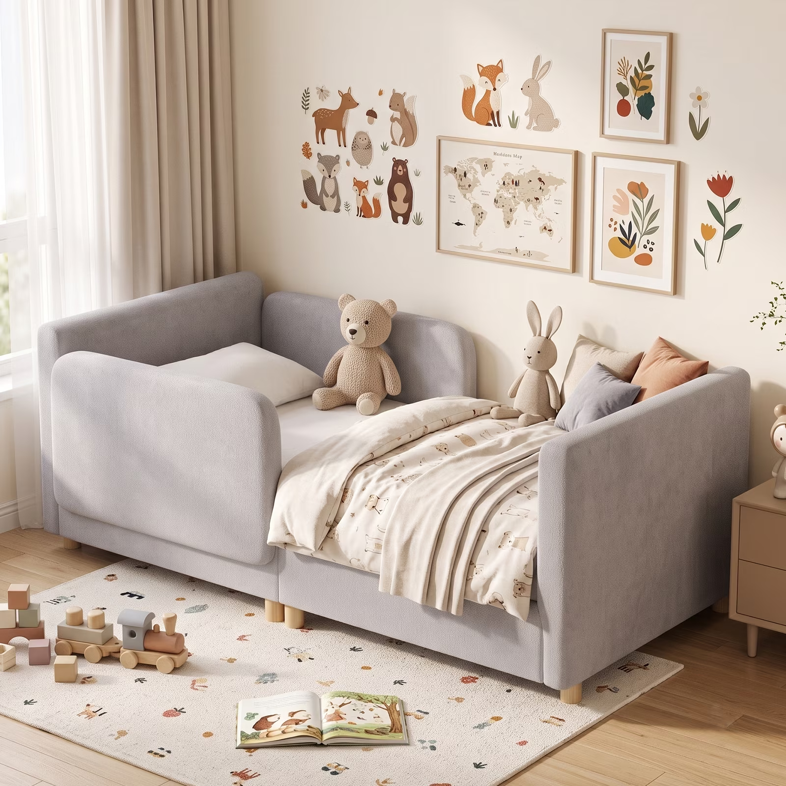 3-in-1 Convertible Kids Sofa – Transforms into Toddler Bed & Bedside Sleeper, Soft Chenille Upholstery, Removable Side Rails, Low-Profile Floor Design