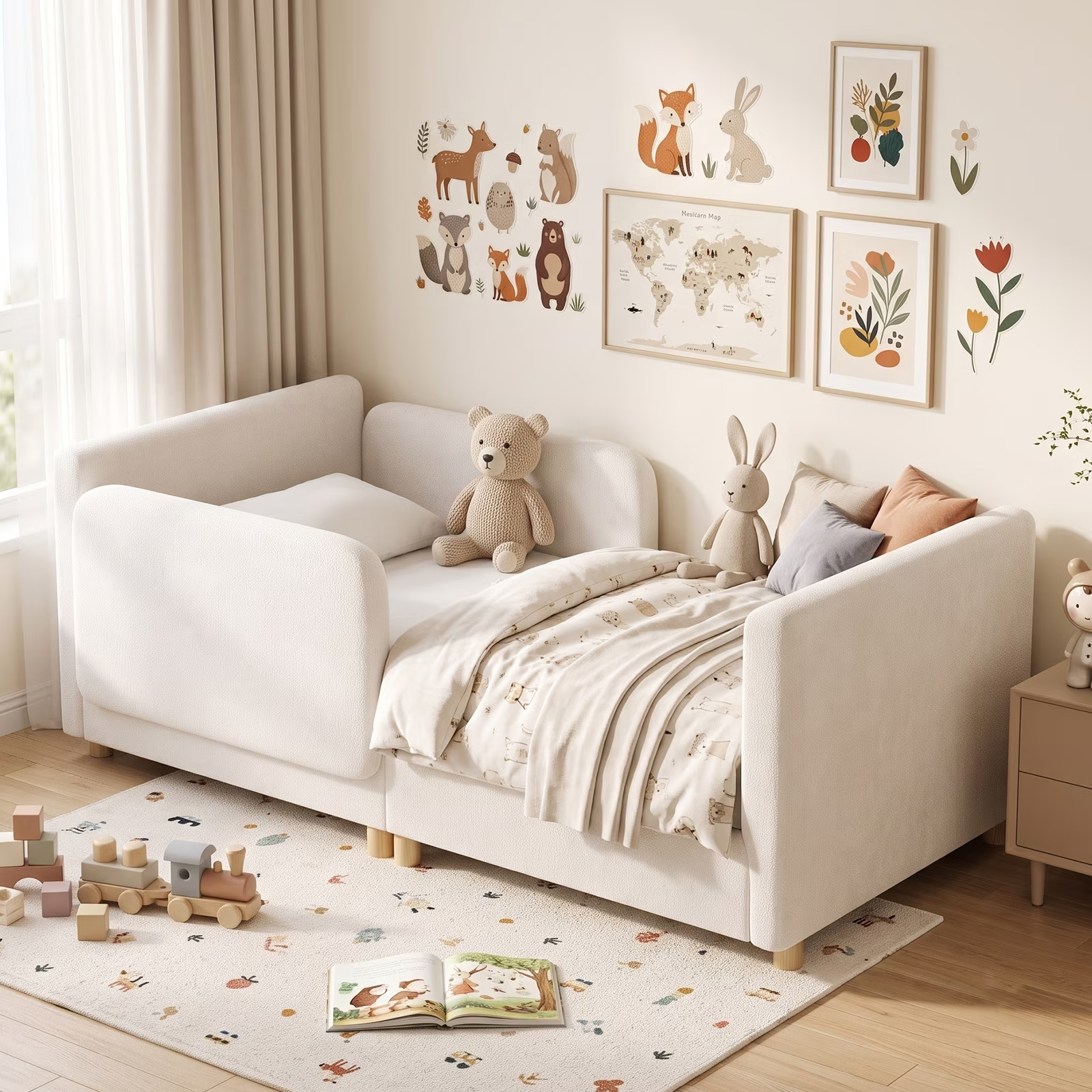 3-in-1 Convertible Kids Sofa – Transforms into Toddler Bed & Bedside Sleeper, Soft Chenille Upholstery, Removable Side Rails, Low-Profile Floor Design