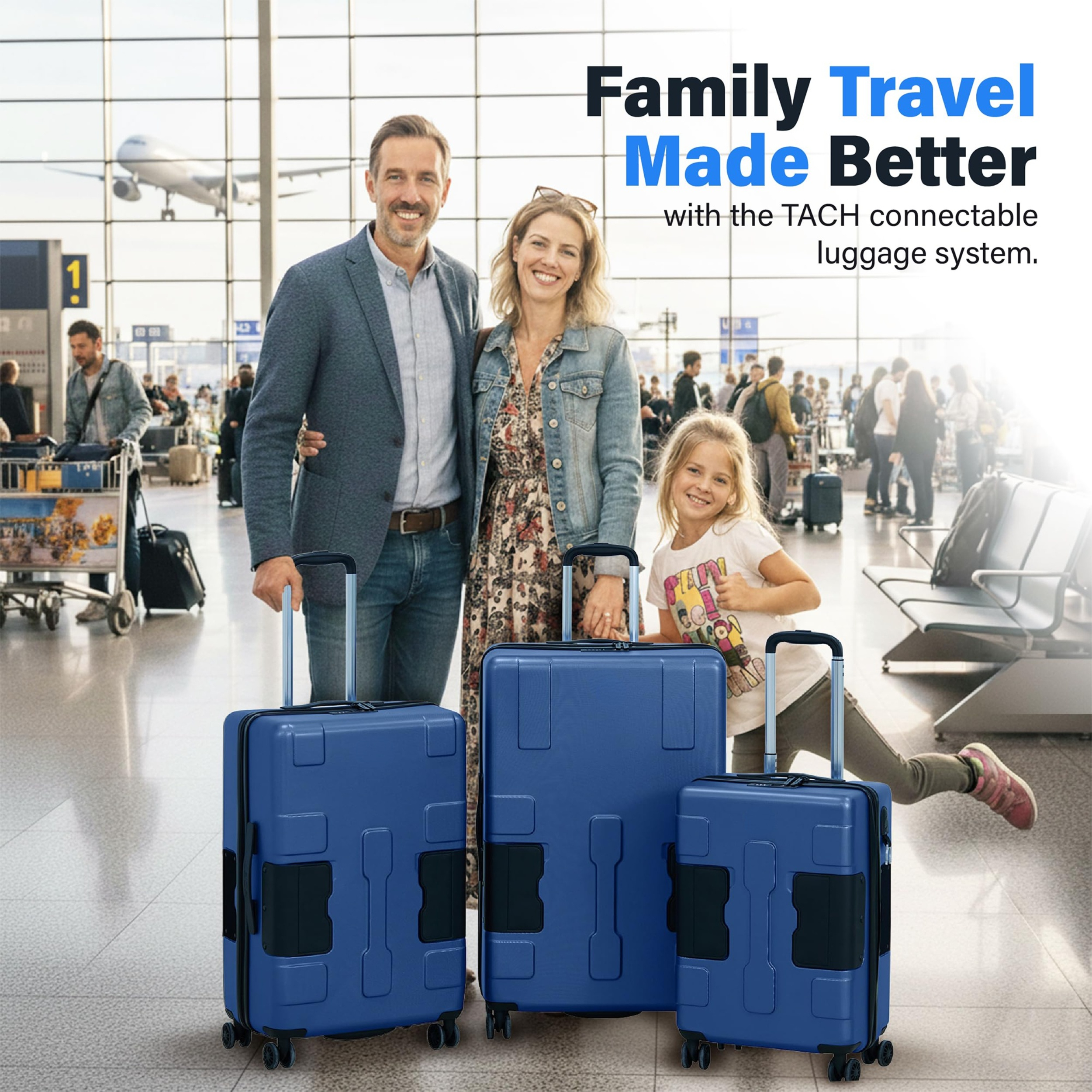 Patented Connecting Hard Shell 3 Piece Luggage Set - 20, 24 & 28 inch Luggage | Carry-On, Medium & Large Rolling Suitcases - Midnight Blue
