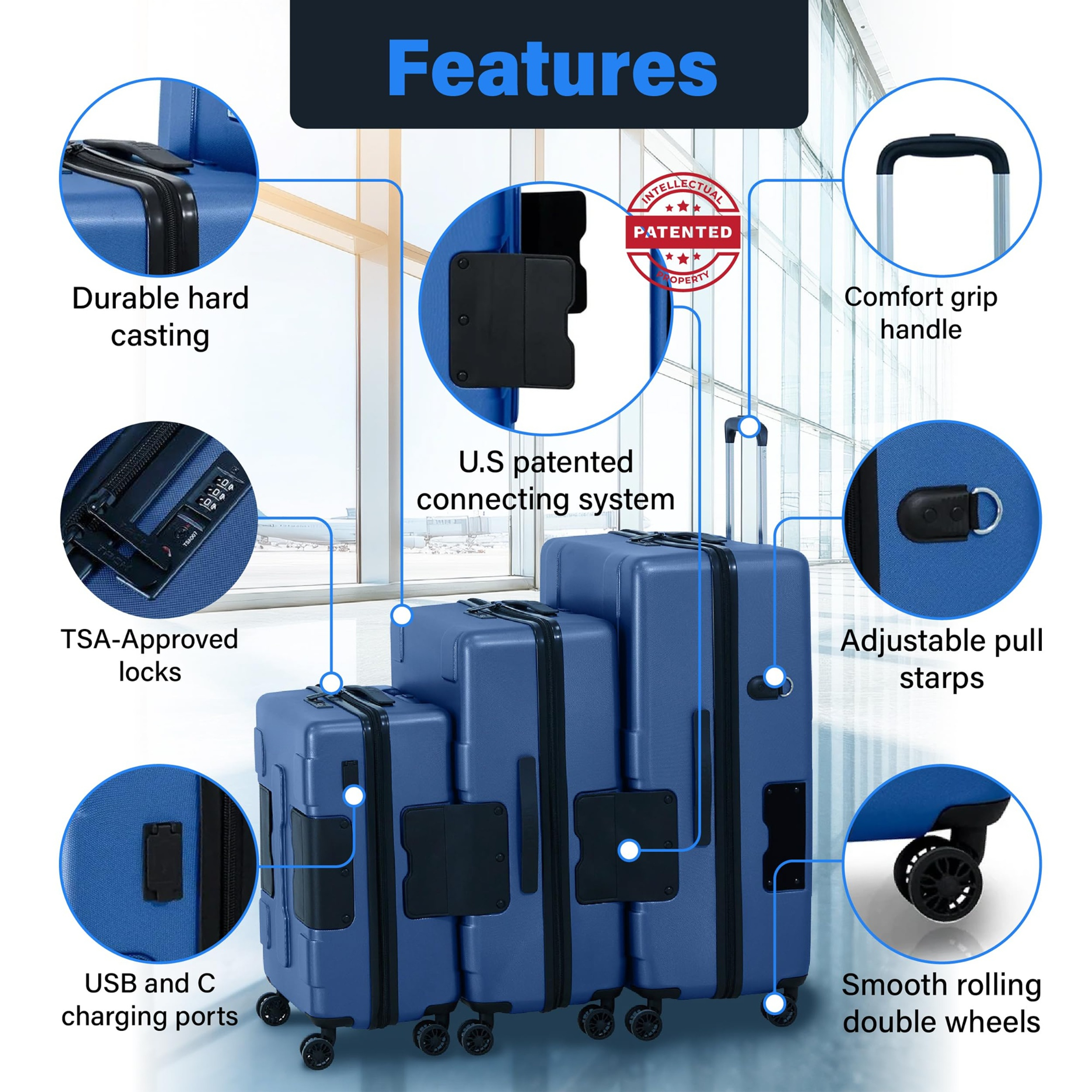 Patented Connecting Hard Shell 3 Piece Luggage Set - 20, 24 & 28 inch Luggage | Carry-On, Medium & Large Rolling Suitcases - Midnight Blue