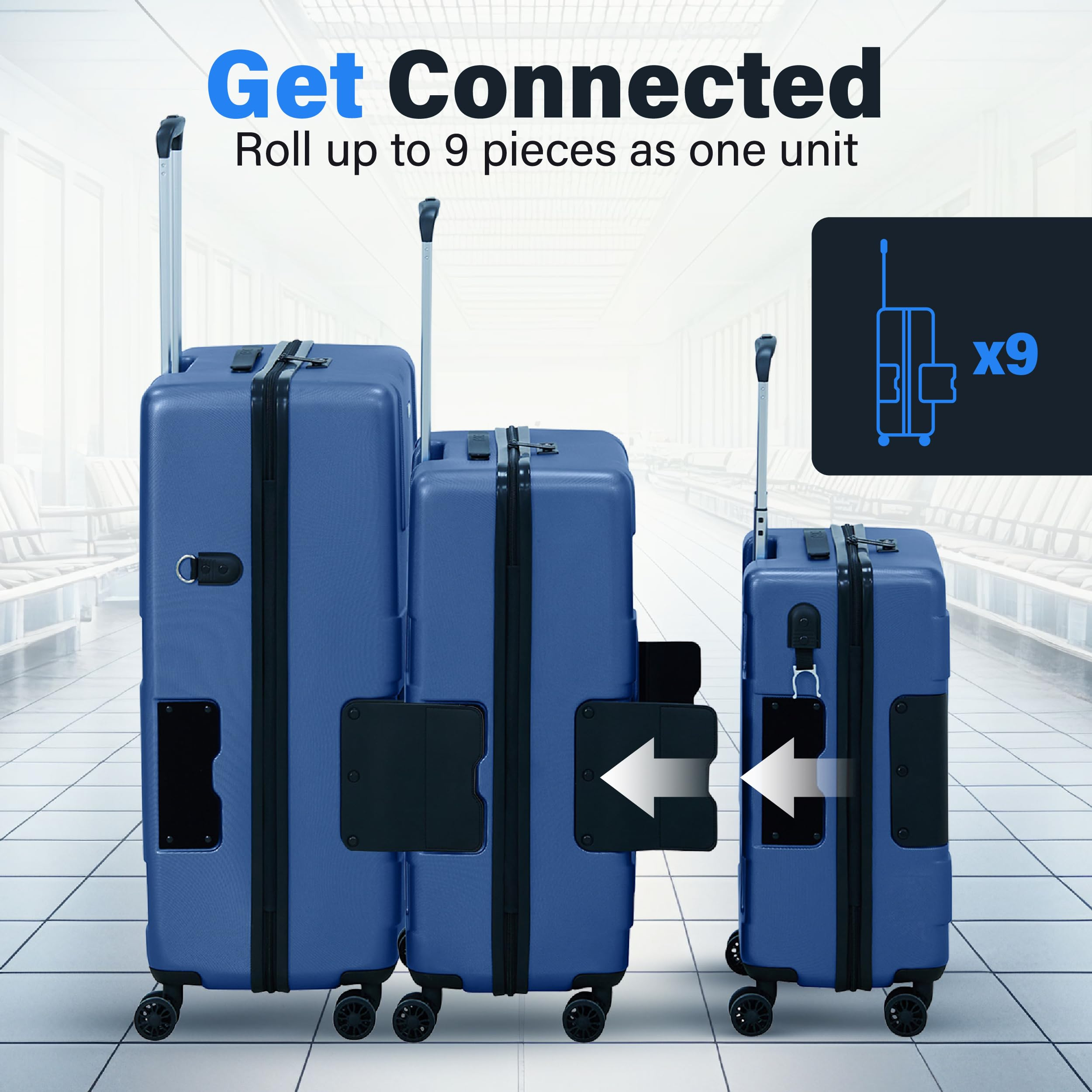 Patented Connecting Hard Shell 3 Piece Luggage Set - 20, 24 & 28 inch Luggage | Carry-On, Medium & Large Rolling Suitcases - Midnight Blue