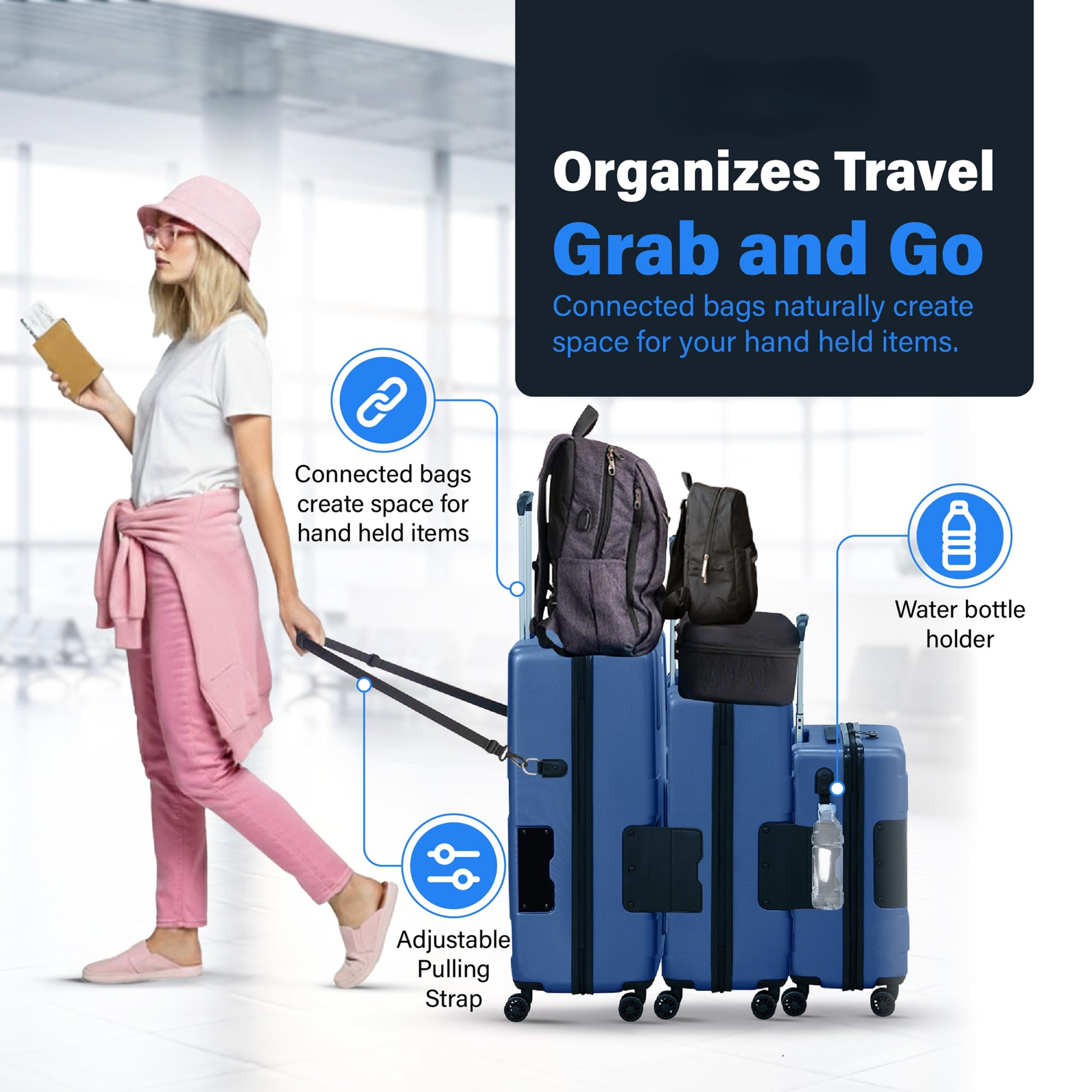 Patented Connecting Hard Shell 3 Piece Luggage Set - 20, 24 & 28 inch Luggage | Carry-On, Medium & Large Rolling Suitcases - Midnight Blue