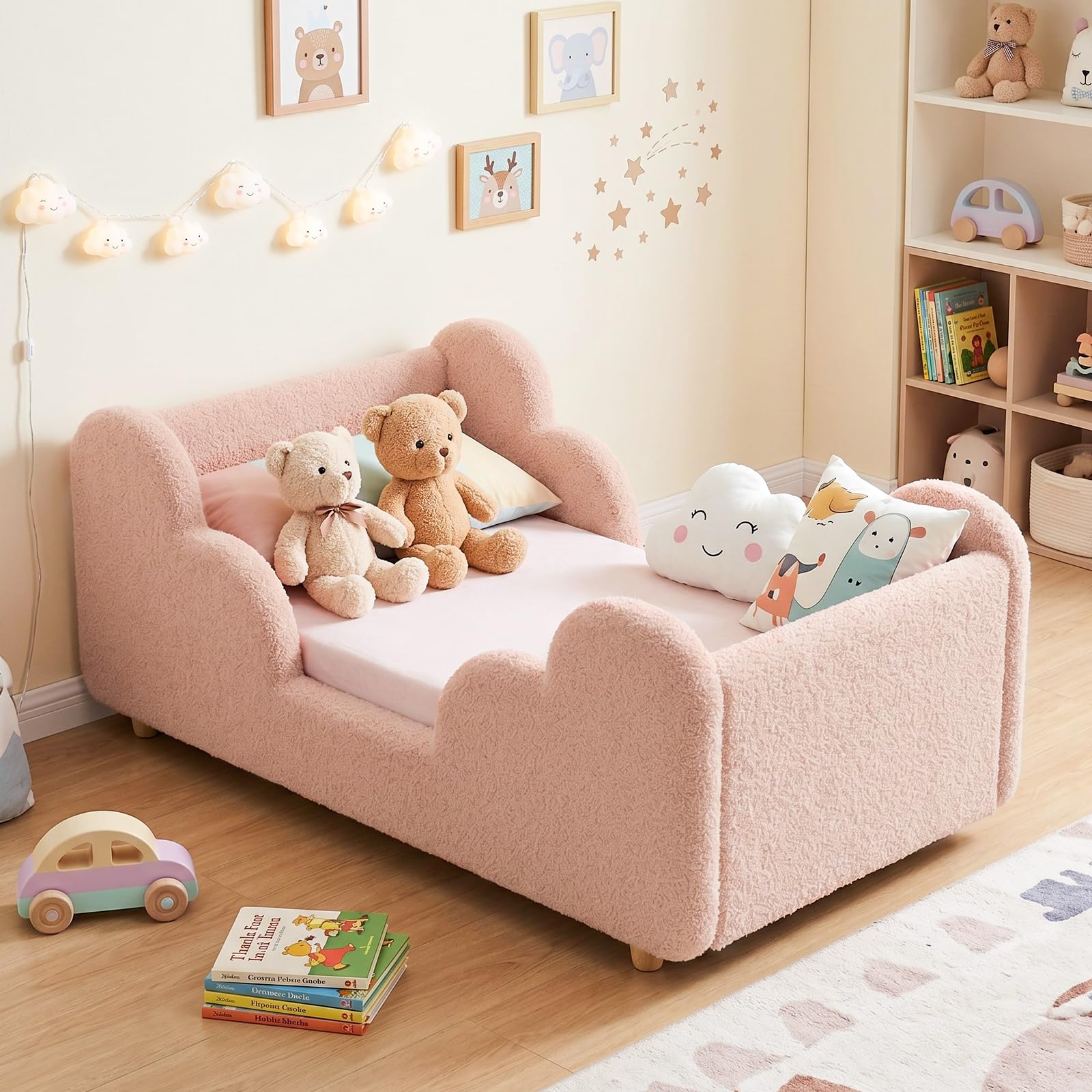 Toddler Bed, Upholstered Toddler Bed Frame with Safety Guardrails