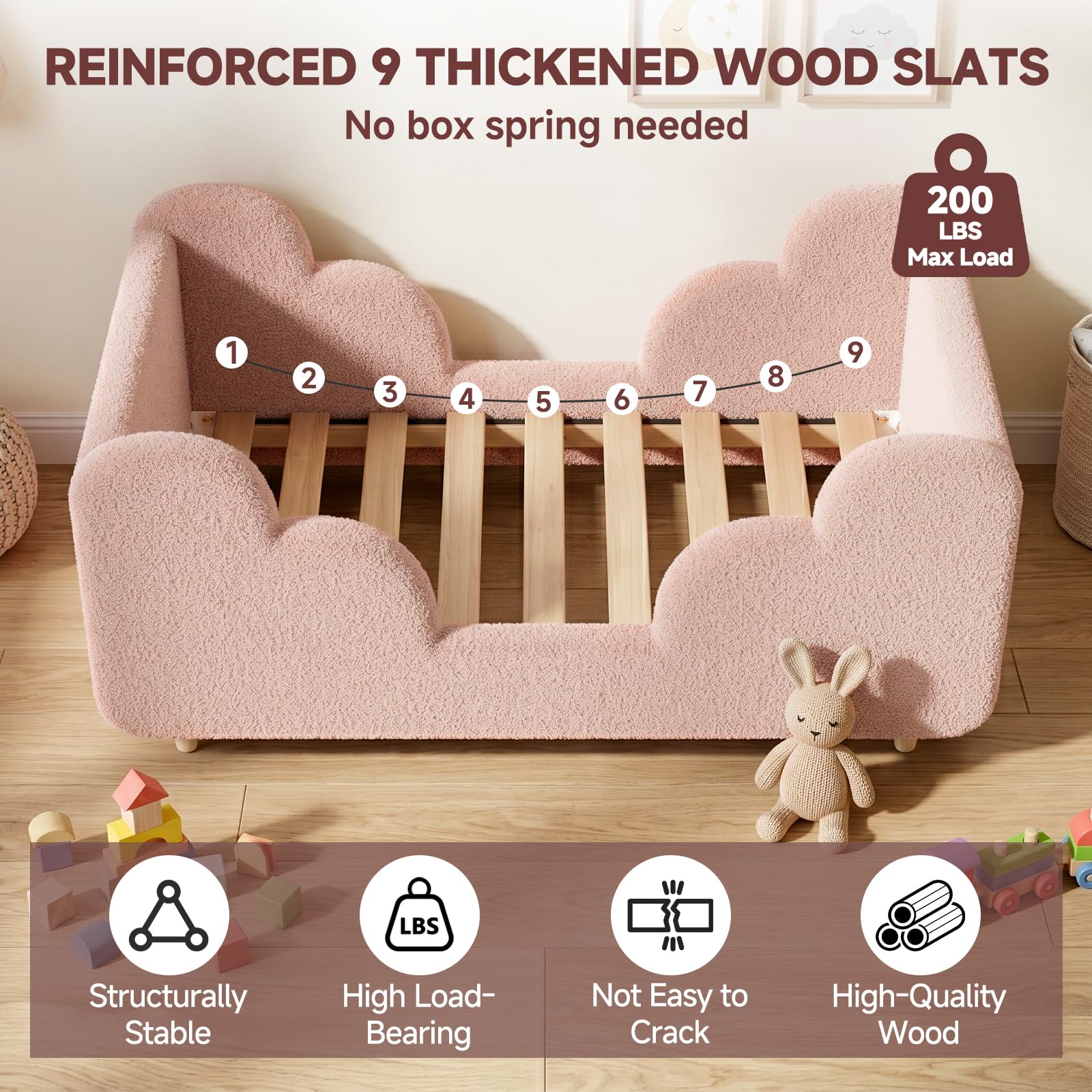 Toddler Bed, Upholstered Toddler Bed Frame with Safety Guardrails