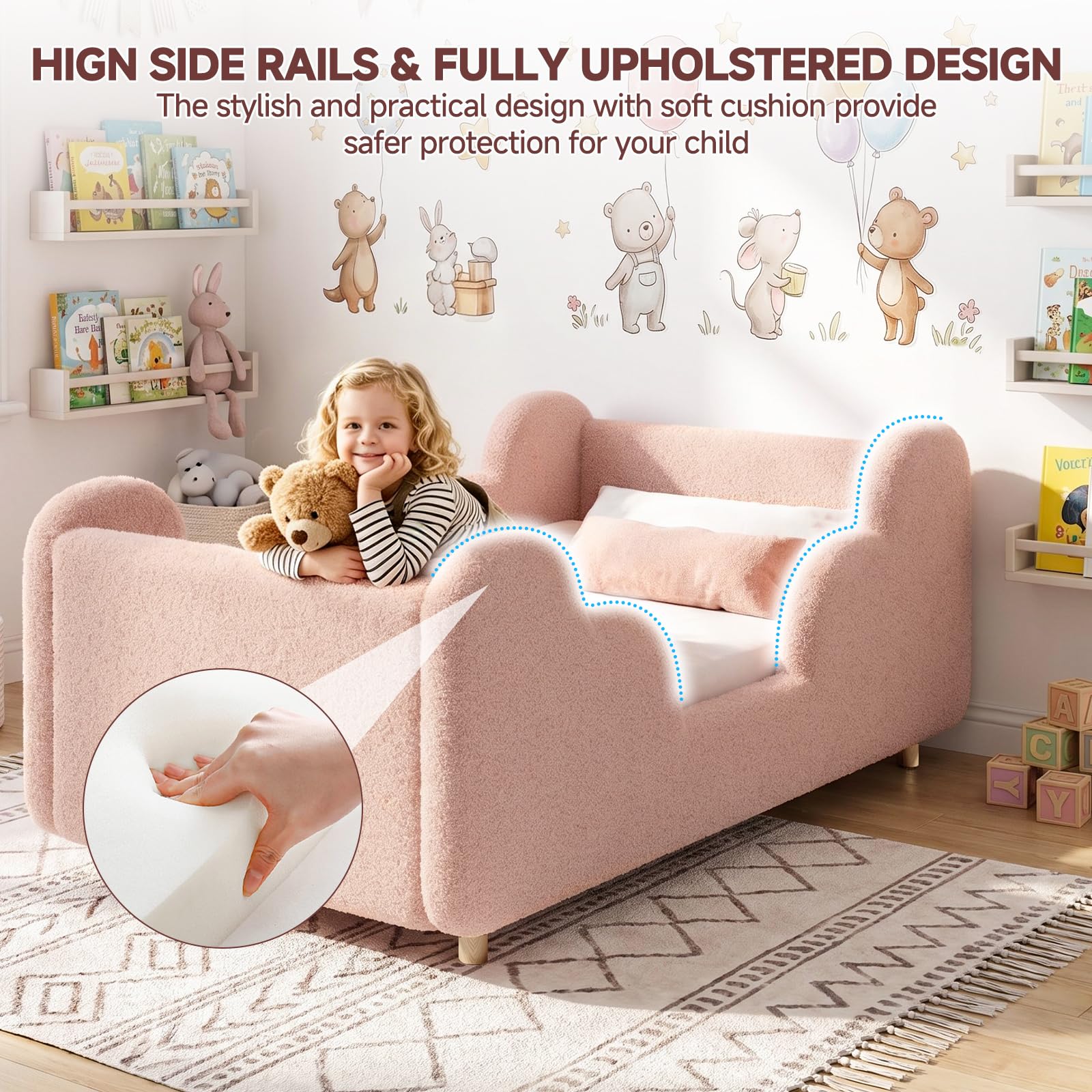 Toddler Bed, Upholstered Toddler Bed Frame with Safety Guardrails
