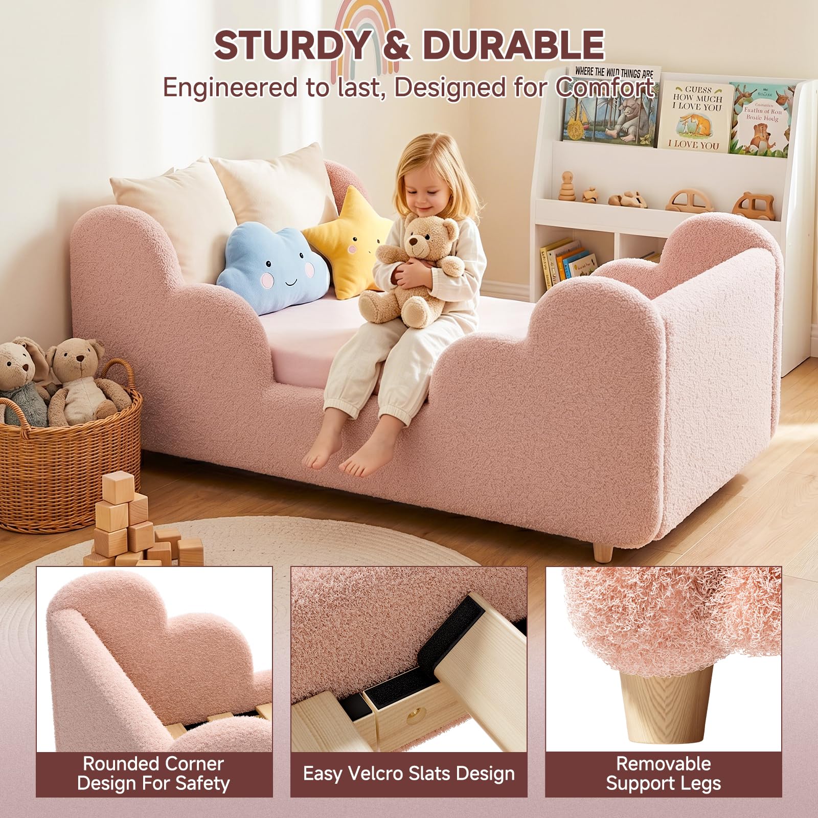 Toddler Bed, Upholstered Toddler Bed Frame with Safety Guardrails