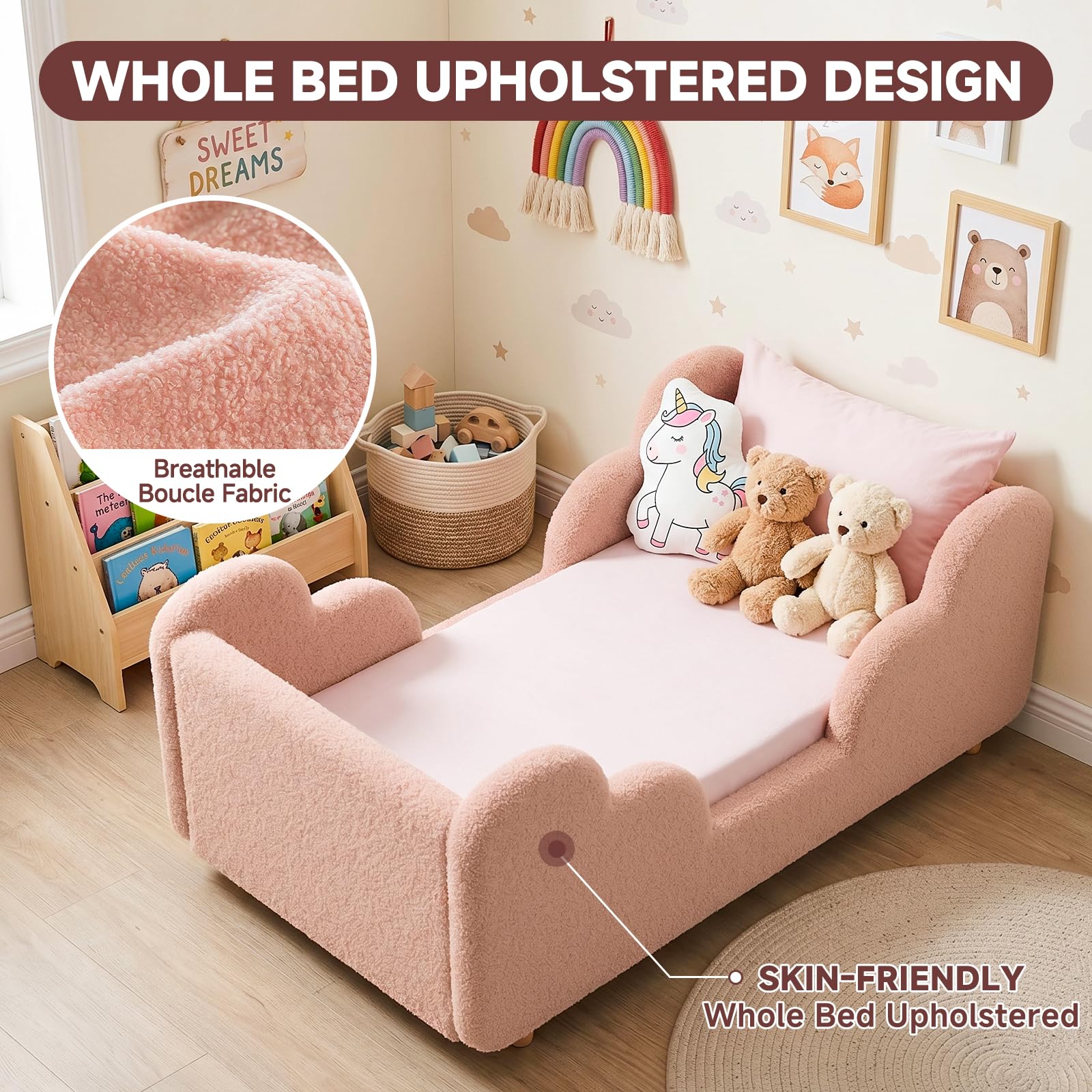 Toddler Bed, Upholstered Toddler Bed Frame with Safety Guardrails