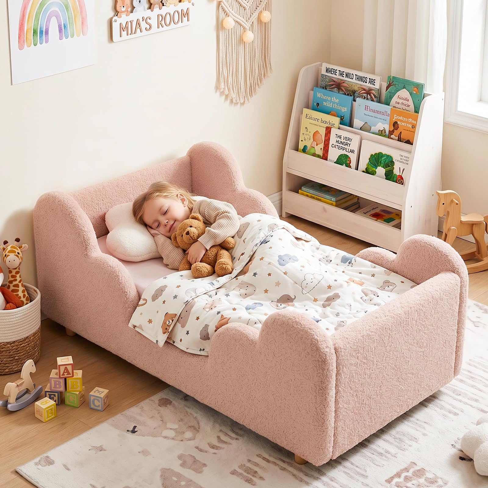 Toddler Bed, Upholstered Toddler Bed Frame with Safety Guardrails
