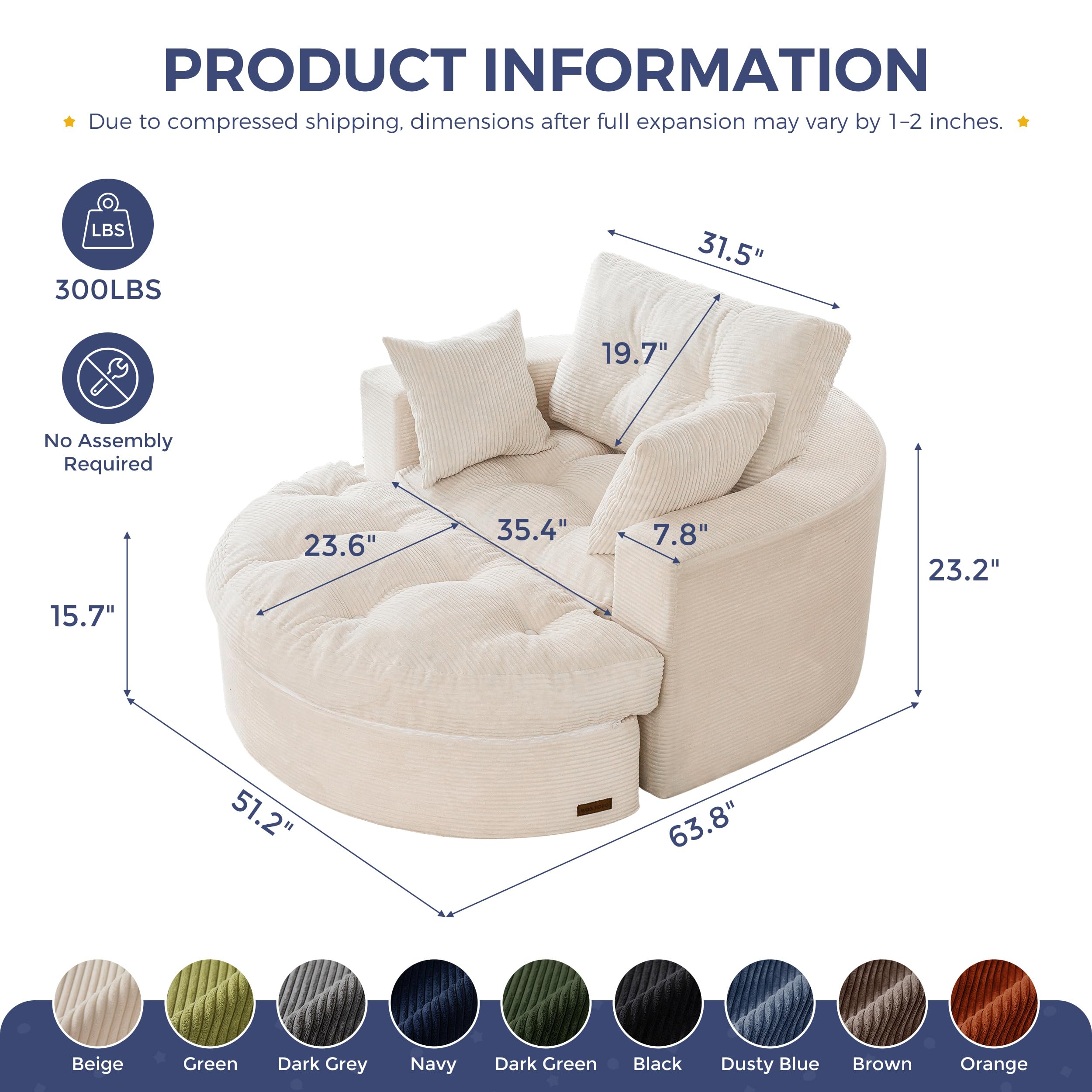 Oversized Round Chaise Lounge Sofa, Boneless Chair with Ottoman