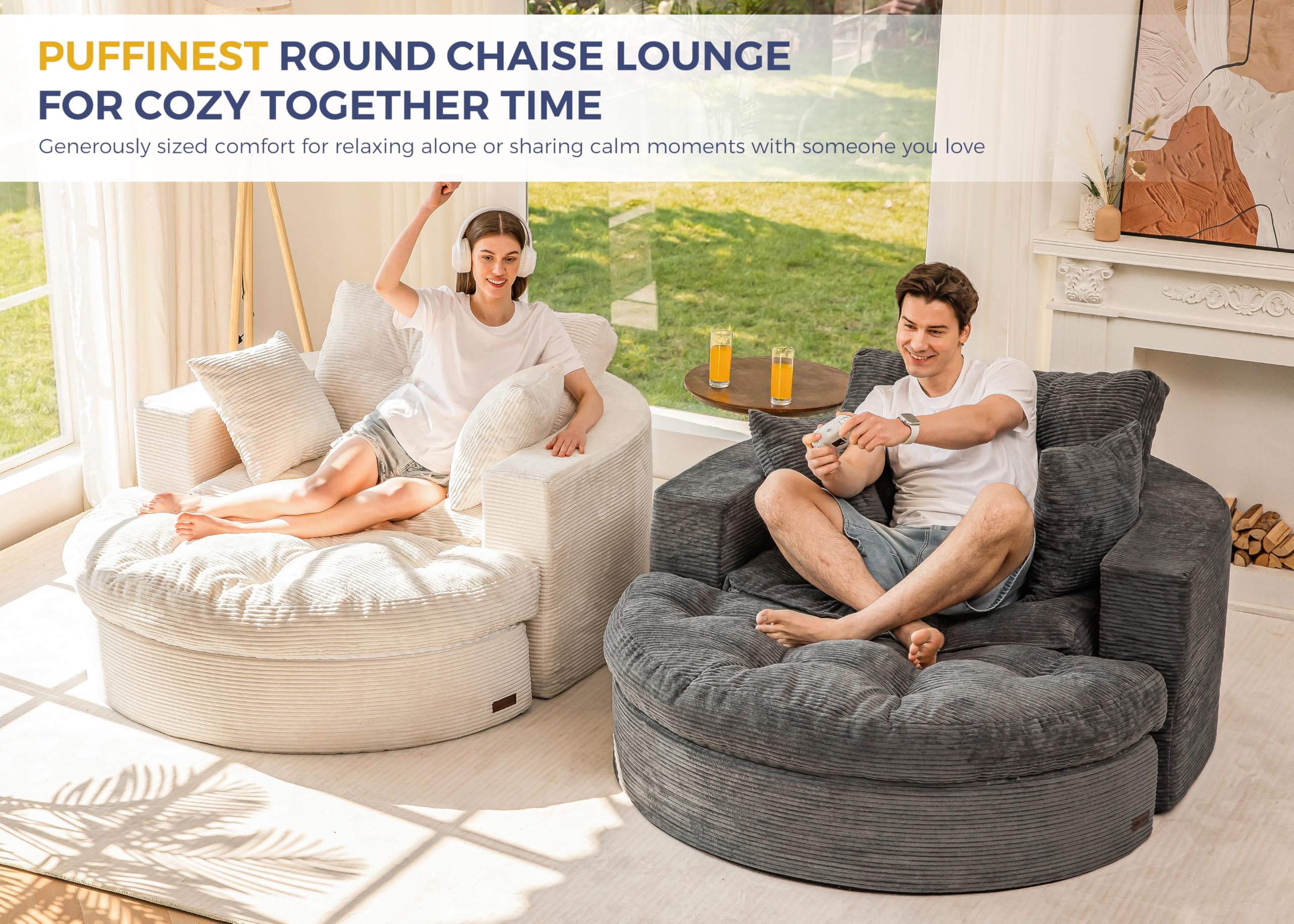 Oversized Round Chaise Lounge Sofa, Boneless Chair with Ottoman