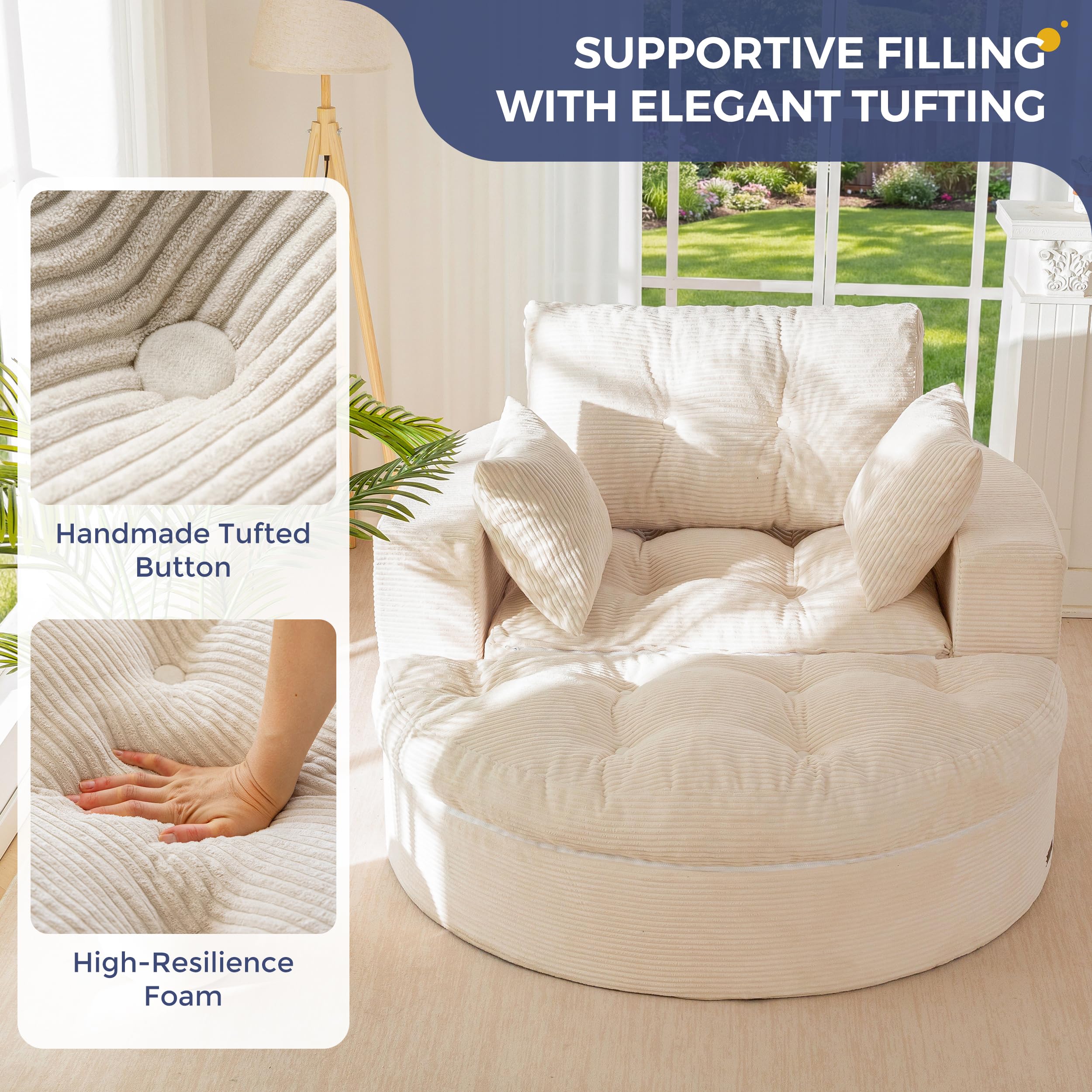 Oversized Round Chaise Lounge Sofa, Boneless Chair with Ottoman