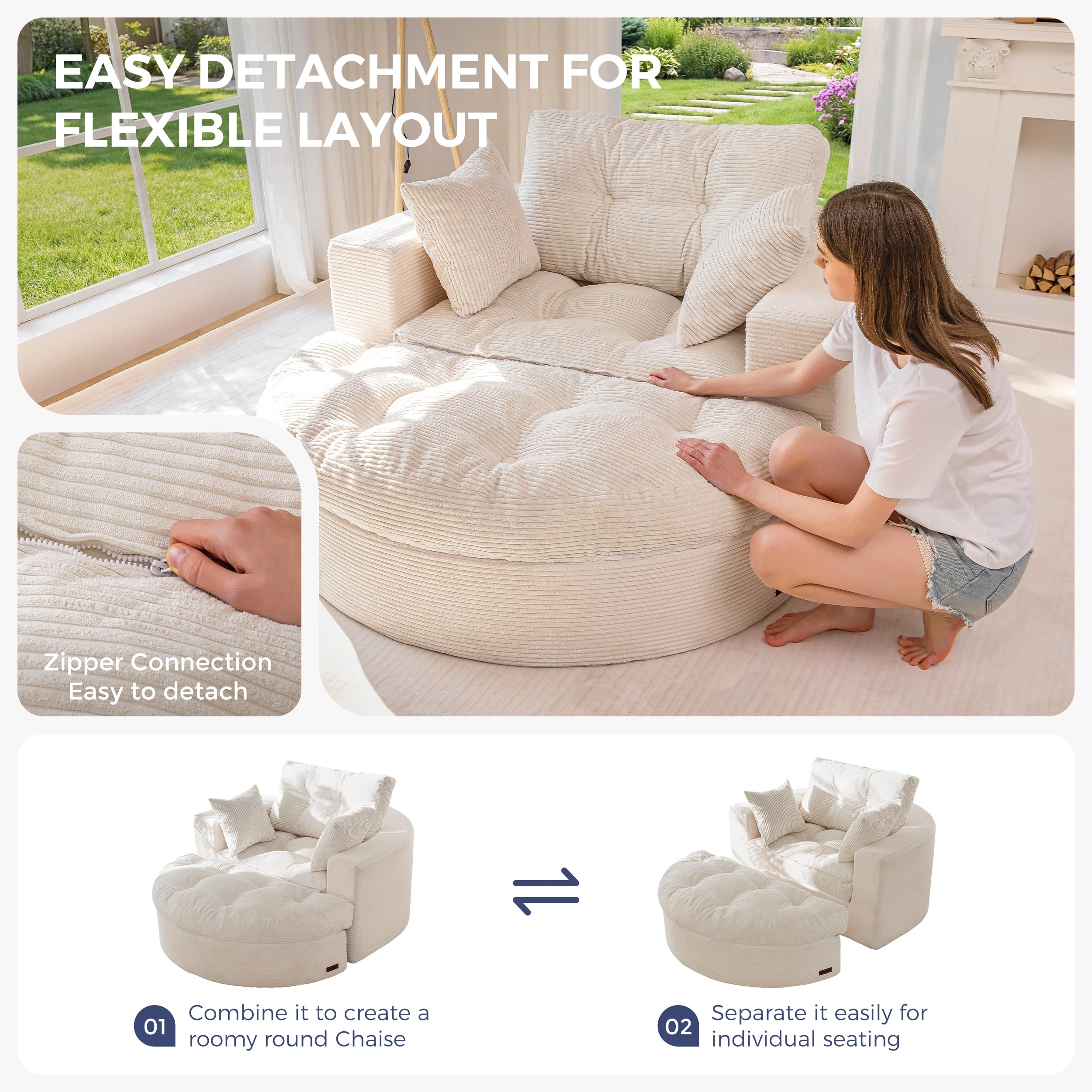 Oversized Round Chaise Lounge Sofa, Boneless Chair with Ottoman