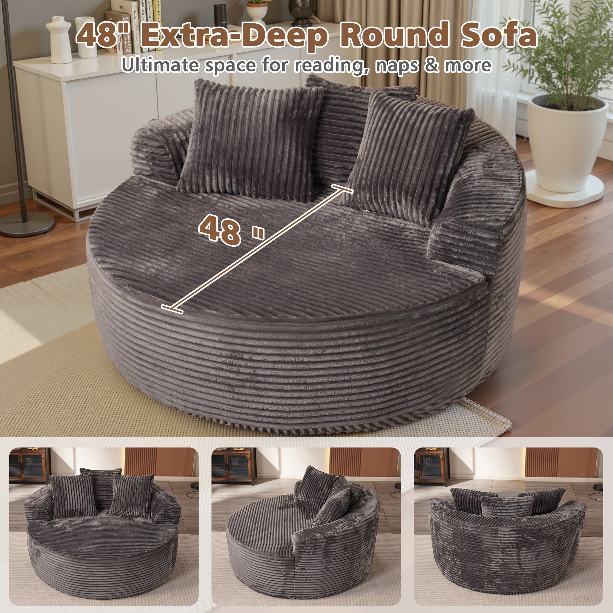 Ovios 58" Oversized Lounge Chair Round Cloud Deep Seat Accent Chair Plush Corduroy Boneless Sofa Chair for Living Room