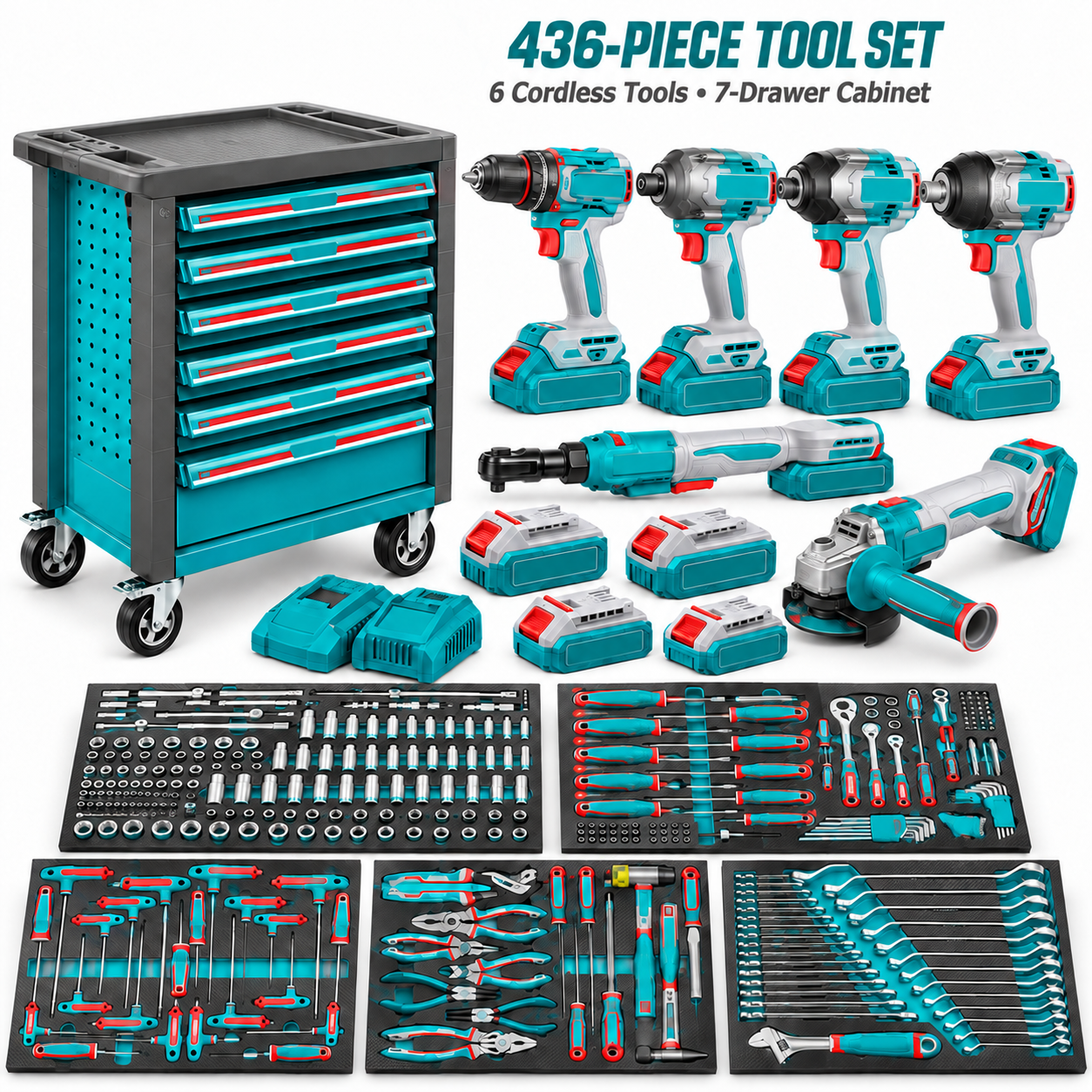 436 Pcs Tool Chest Set – Complete Workshop Kit with Cordless Power Tools & 7 Drawer Cabinet