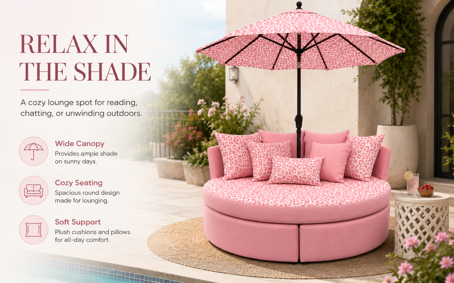 💗 Oversized Round Lounge Daybed with Matching Umbrella & Cushions – Pink Leopard Print