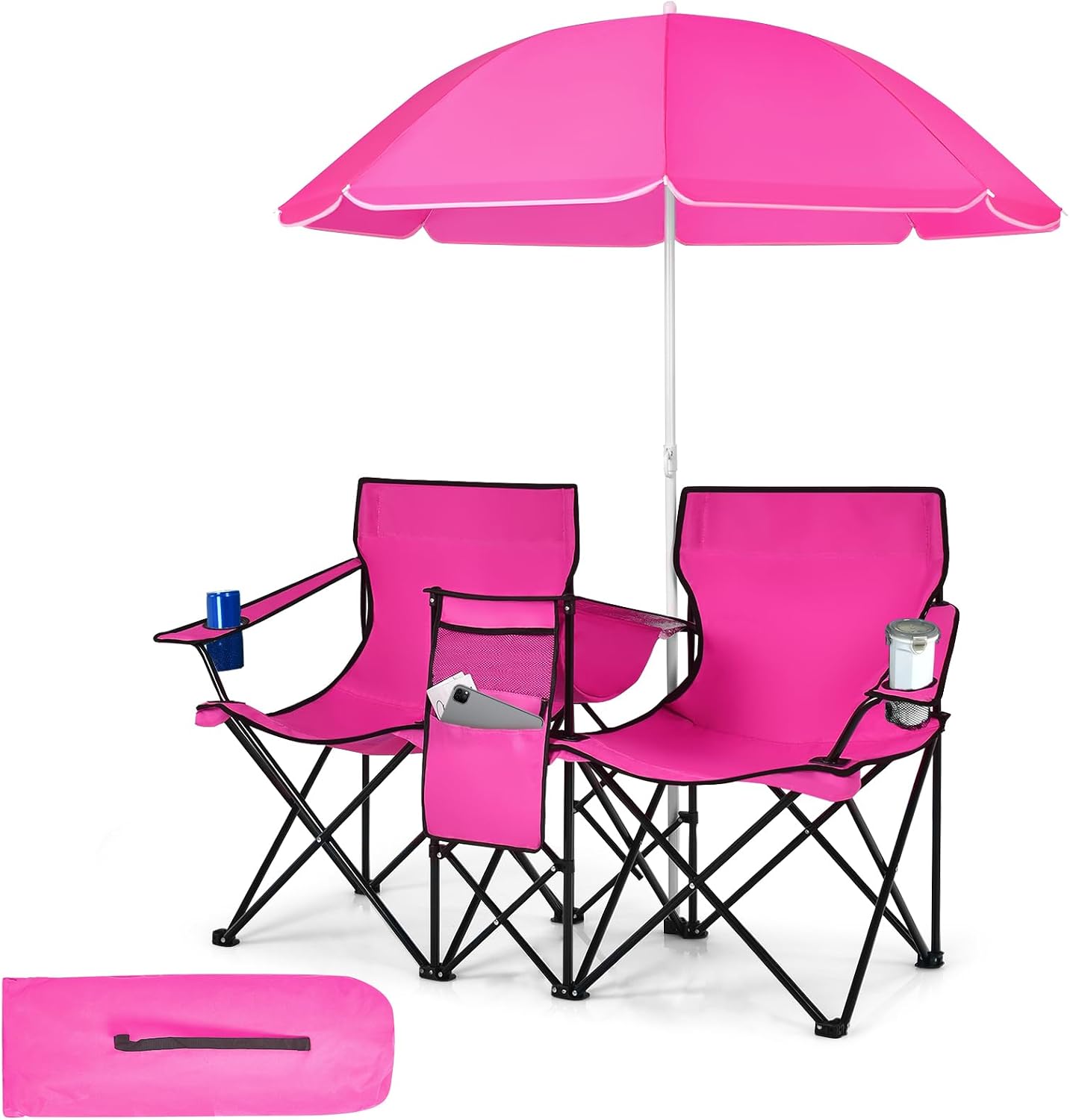 Tangkula Double Camping Chairs with Umbrella, Portable 2 Seat Folding Camp Chair with Cooler Bag, Beverage Holder, Carrying Bag, Foldable Lawn Chair for Outside, Fishing, Picnic, Beach