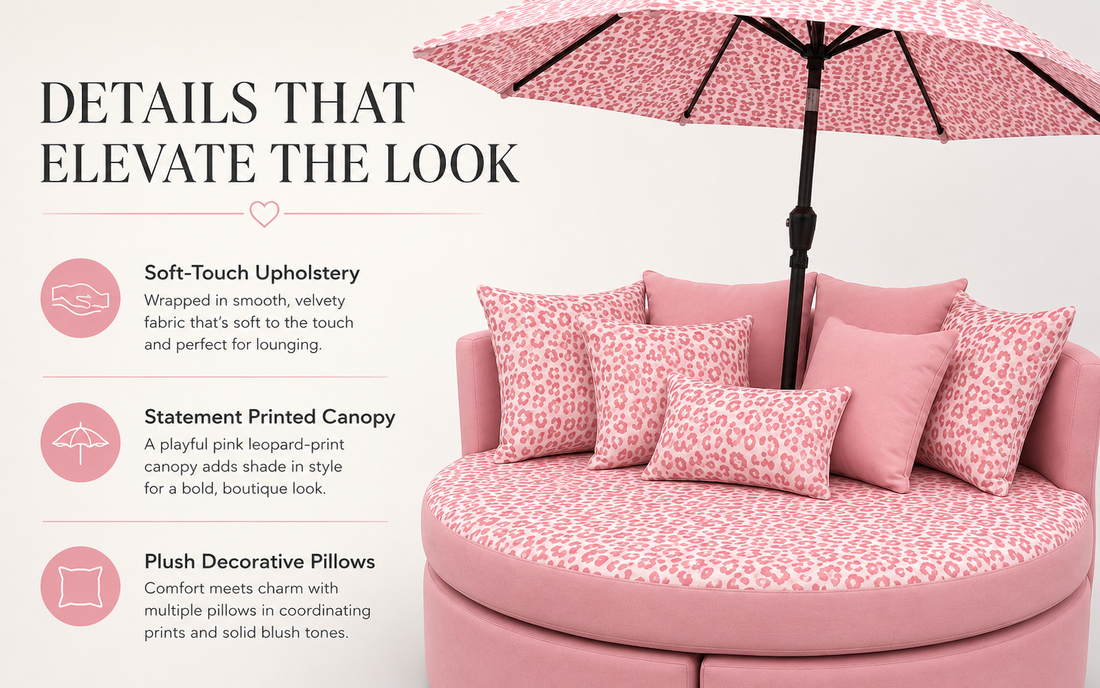 💗 Oversized Round Lounge Daybed with Matching Umbrella & Cushions – Pink Leopard Print