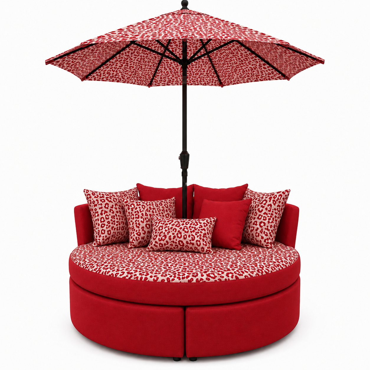 💗 Oversized Round Lounge Daybed with Matching Umbrella & Cushions – Pink Leopard Print