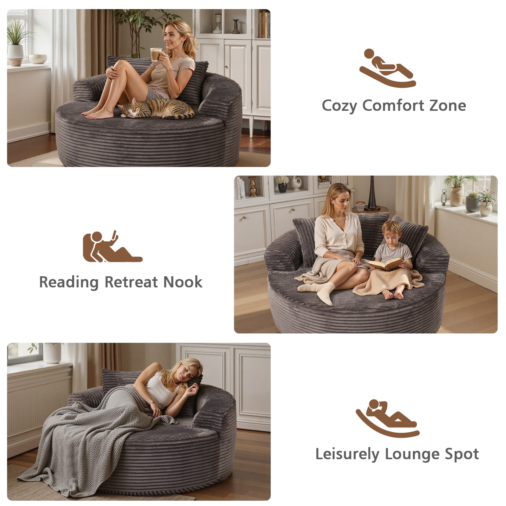 Ovios 58" Oversized Lounge Chair Round Cloud Deep Seat Accent Chair Plush Corduroy Boneless Sofa Chair for Living Room
