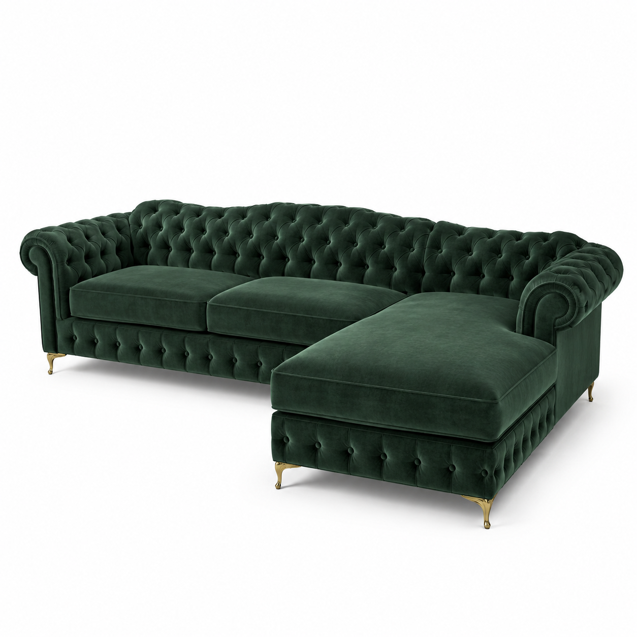 Europäisches Chaiselongue-Sofa in Samt Dunkelgrün mit tiefen Steppdetails-Urbancasaliving