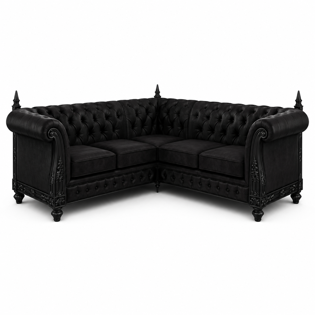 Gotisches Ecksofa in Schwarz mit hohen Armlehnen und Chesterfield-Optik-Urbancasaliving