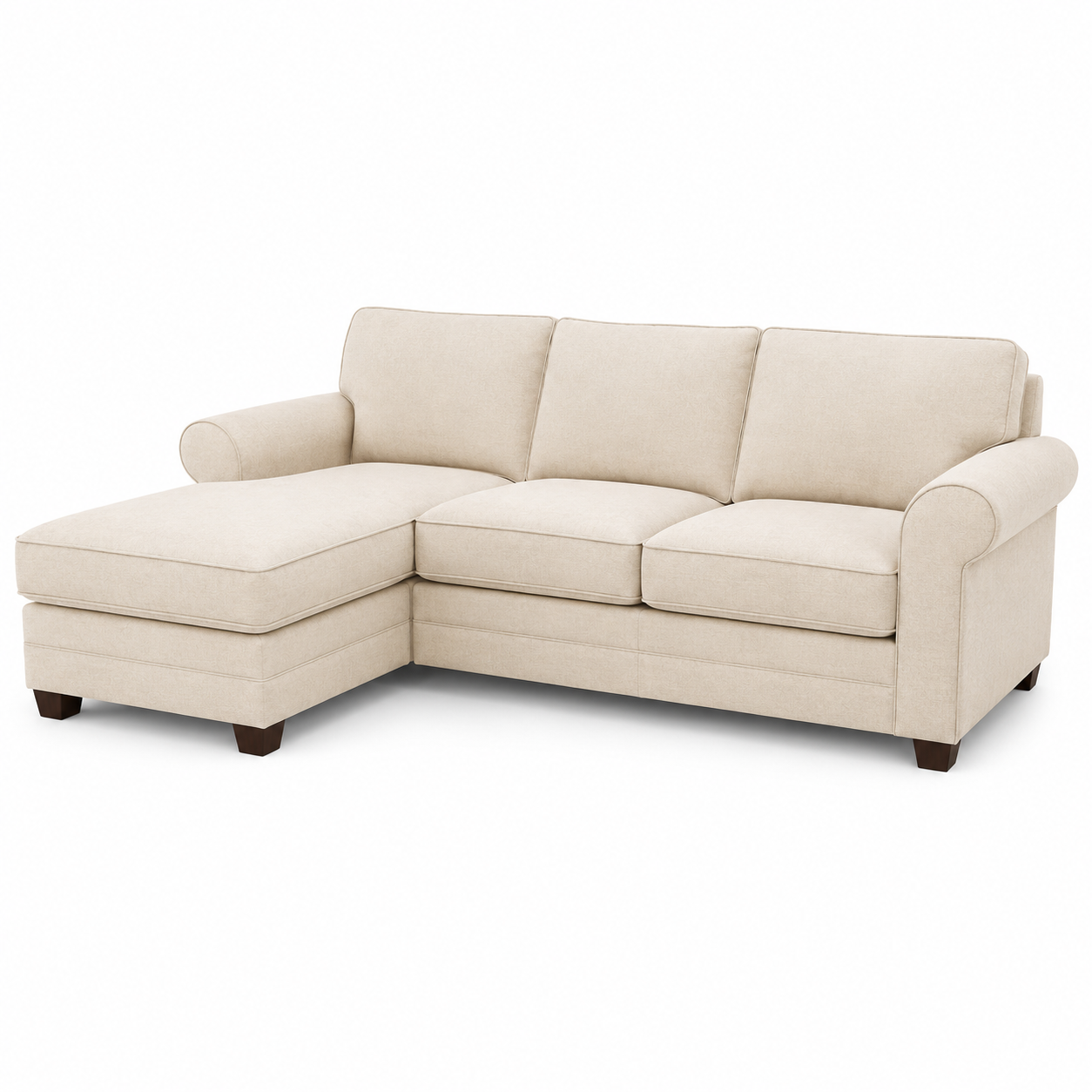 Klassisches 3-Sitzer-Sofa in Creme mit linker Chaiselongue und Ziernähten-Urbancasaliving