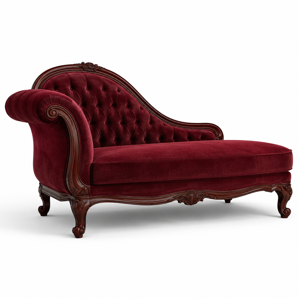 Barock inspiriertes Chaiselongue-Sofa in Bordeauxrot mit geschwungenen Füßen-Urbancasaliving