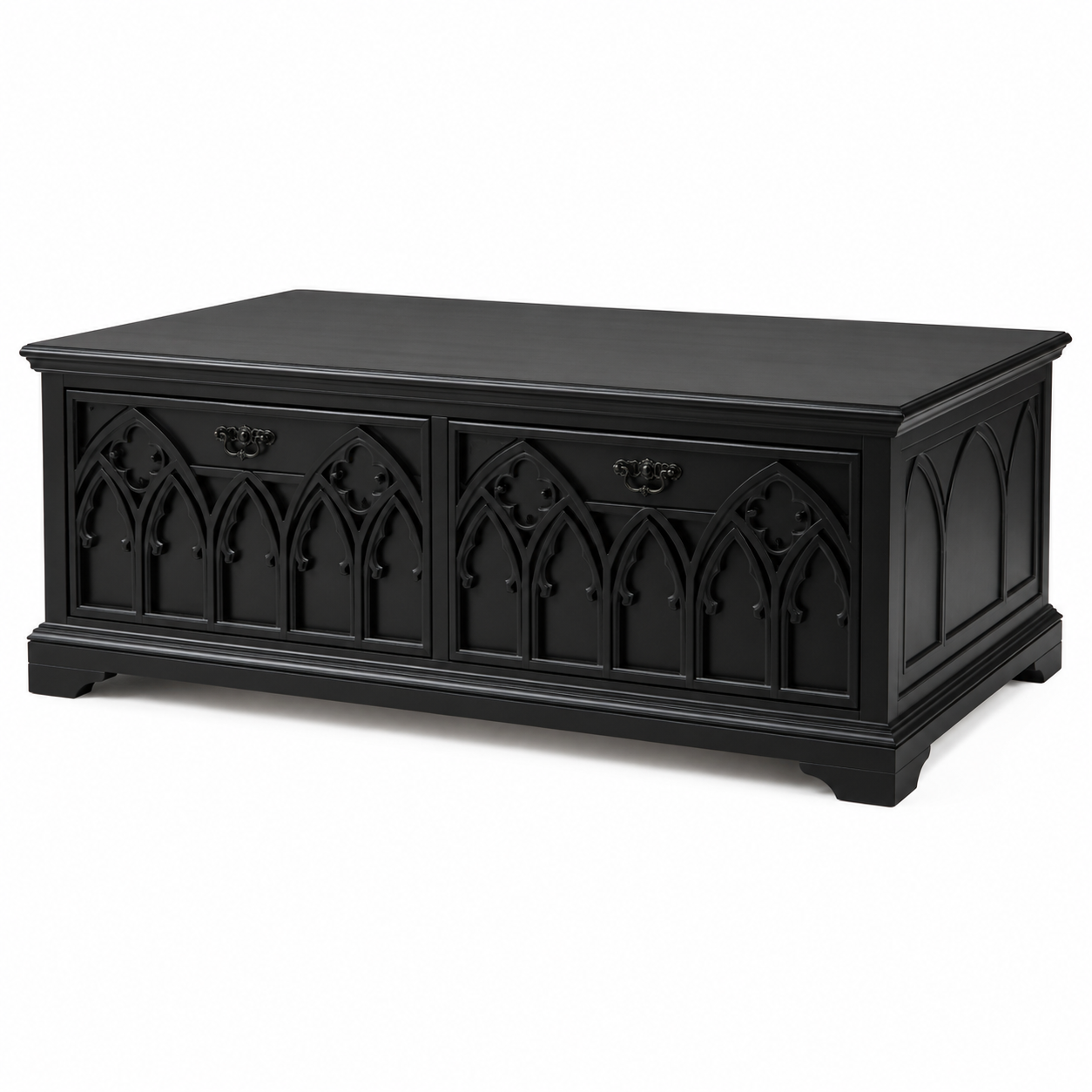 Gotischer Couchtisch in Schwarz mit Maßwerk-Front und Stauraum-Urbancasaliving
