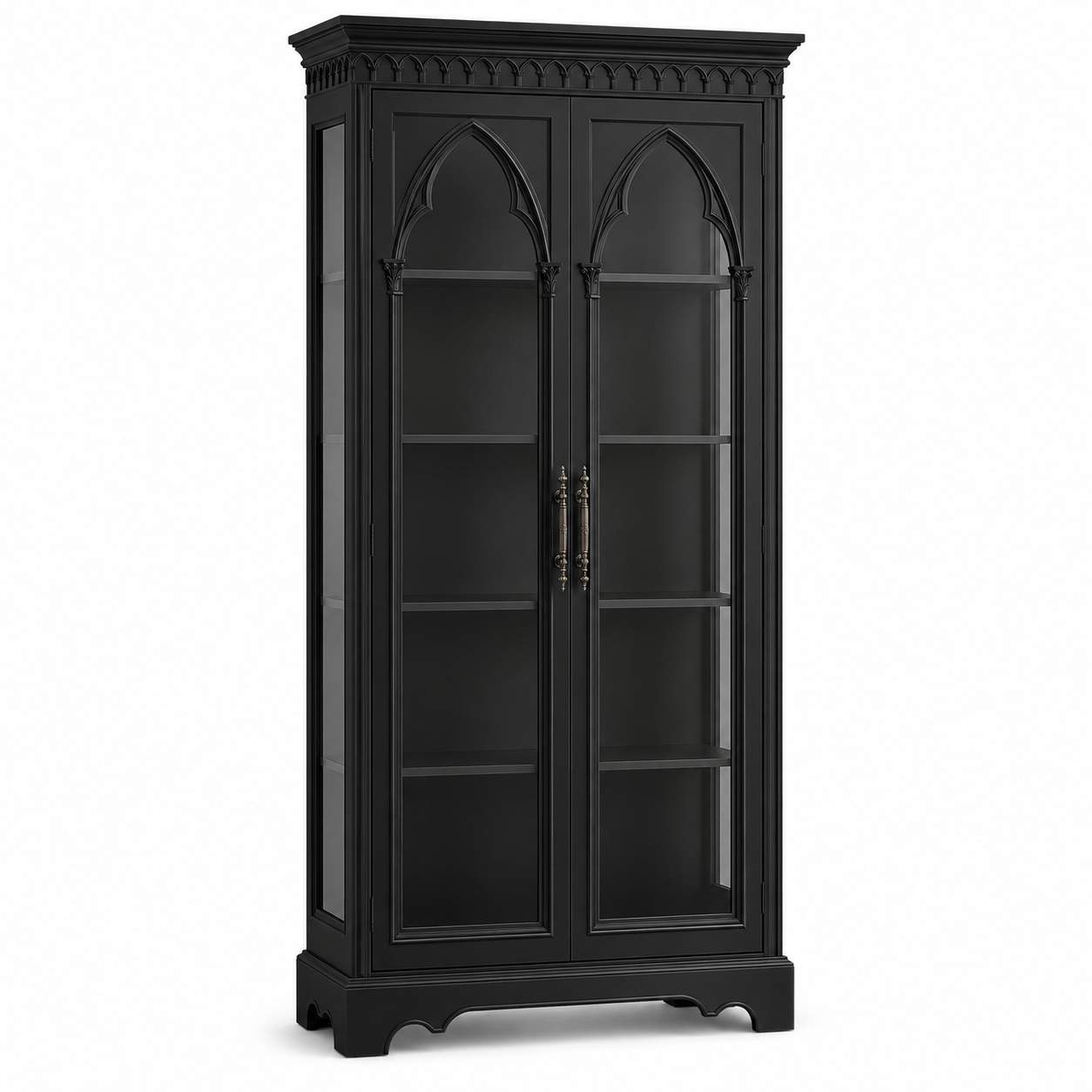 Hohe gotische Vitrine in Schwarz mit Glastüren und Spitzbogen-Details