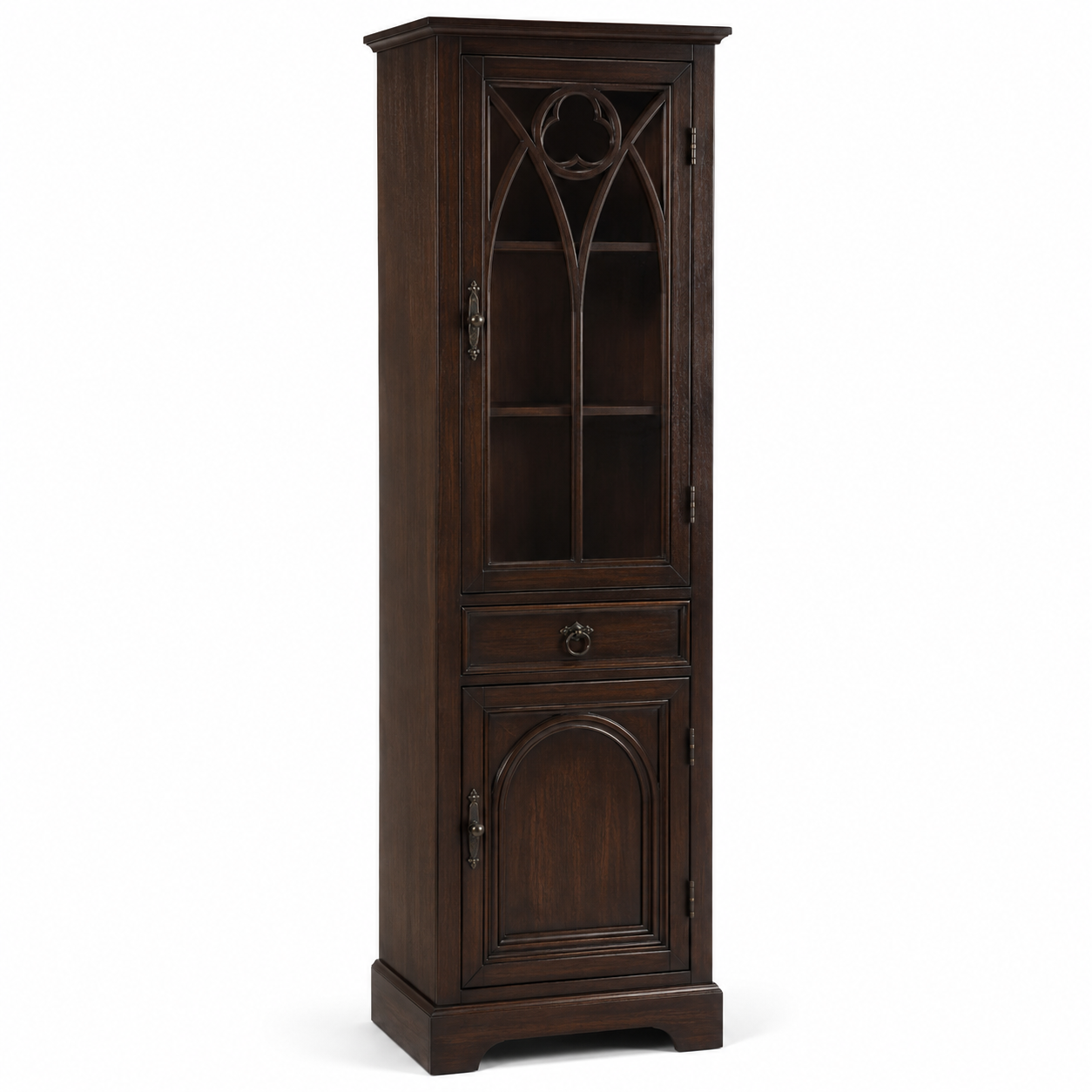 Schmales Highboard in Dunkelbraun mit Maßwerk-Glaseinsatz