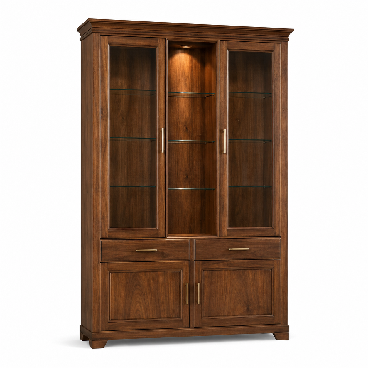 Breite Esszimmer-Vitrine in Nussbaum mit Beleuchtungsfach ohne Leuchtmittel