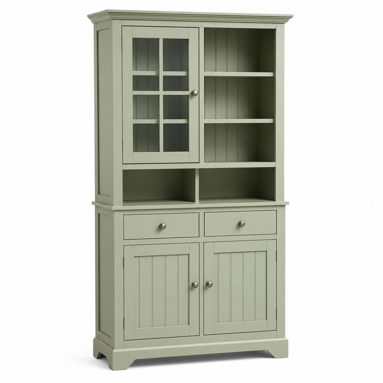 Hohes Landhaus-Highboard in Salbeigrün mit Glastüren und offenen Fächern