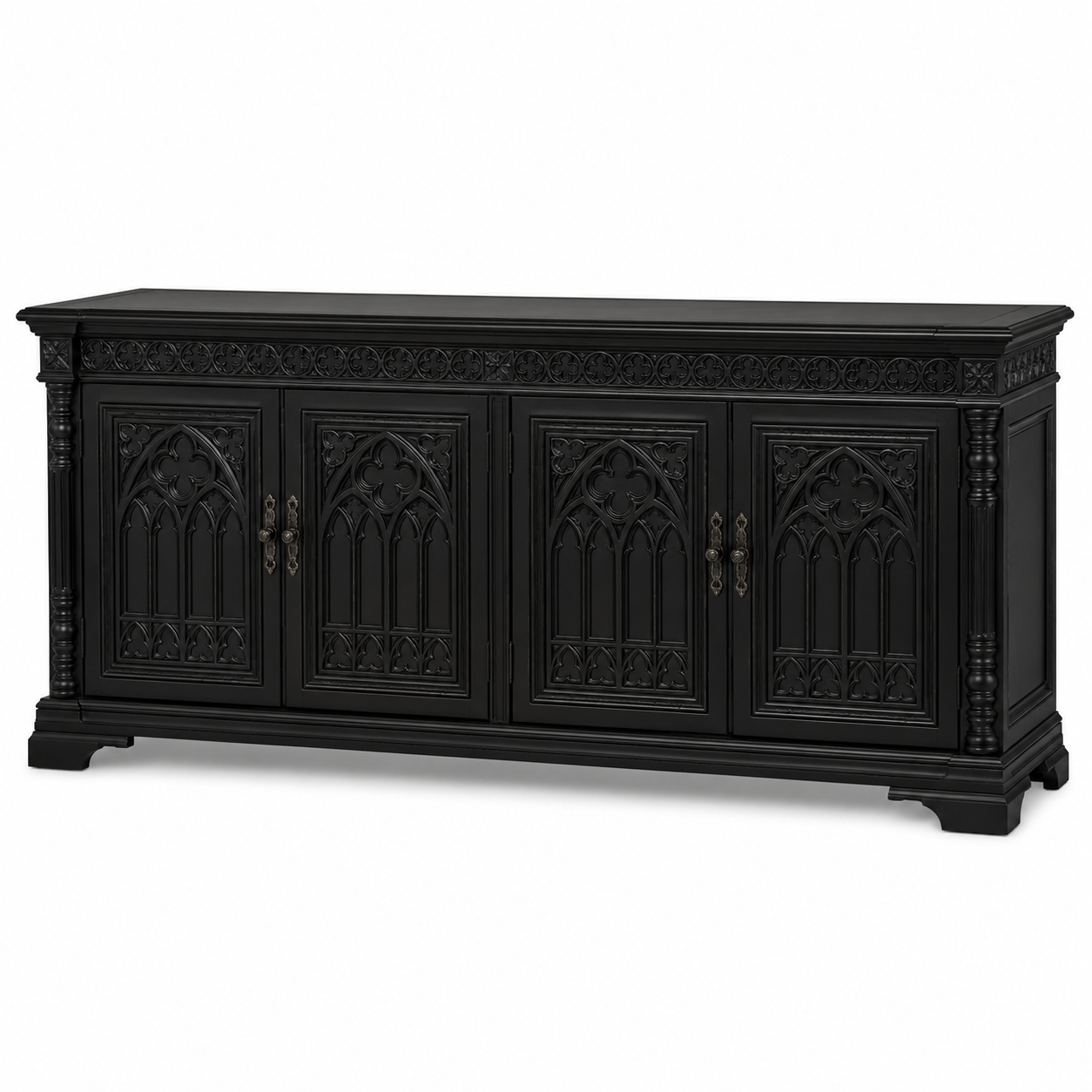 Gotisches Sideboard in Schwarz 180 cm mit geschnitzter Ornamentfront