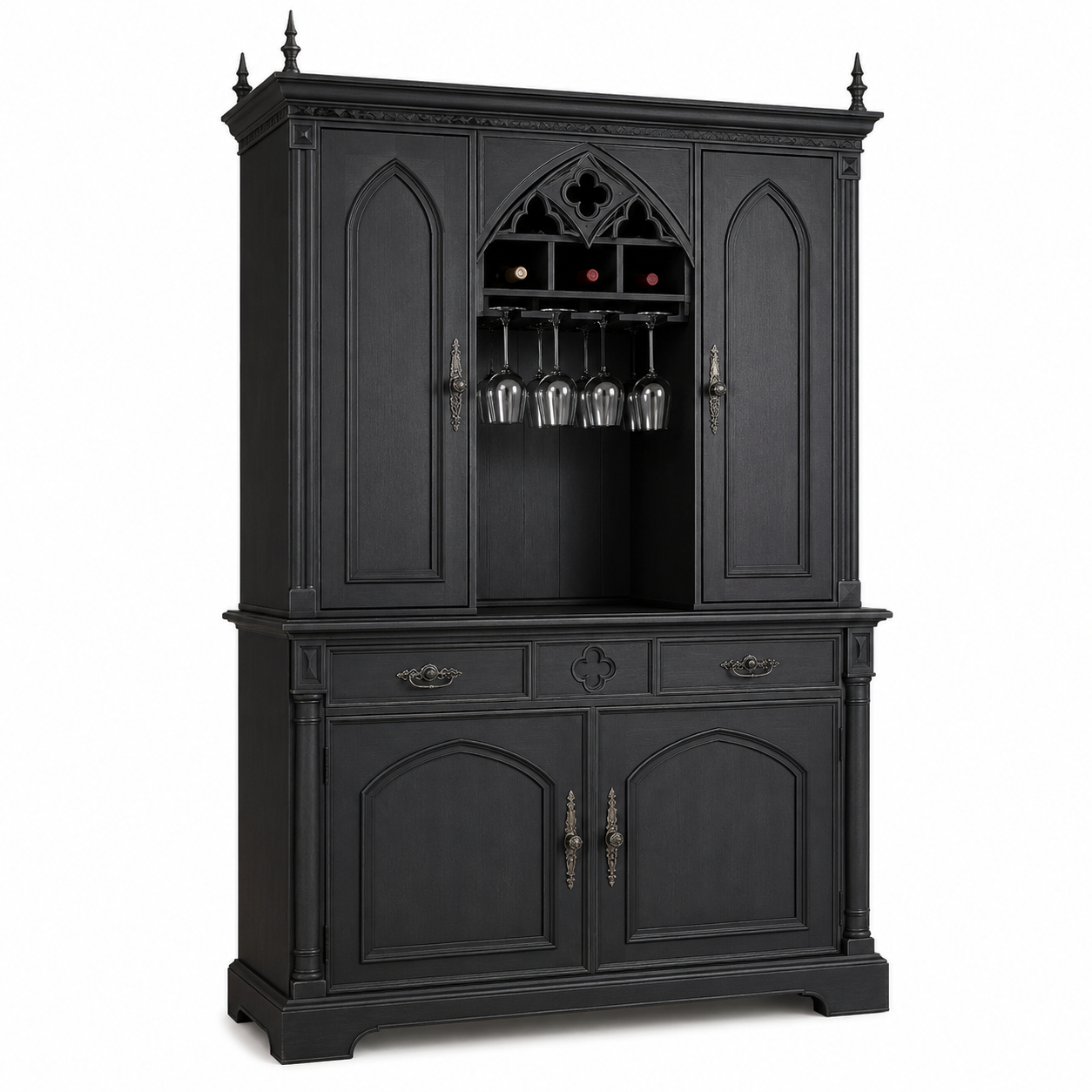 Hohes Gothic-Buffet in Anthrazit mit Weinglasfach und Flügeltüren