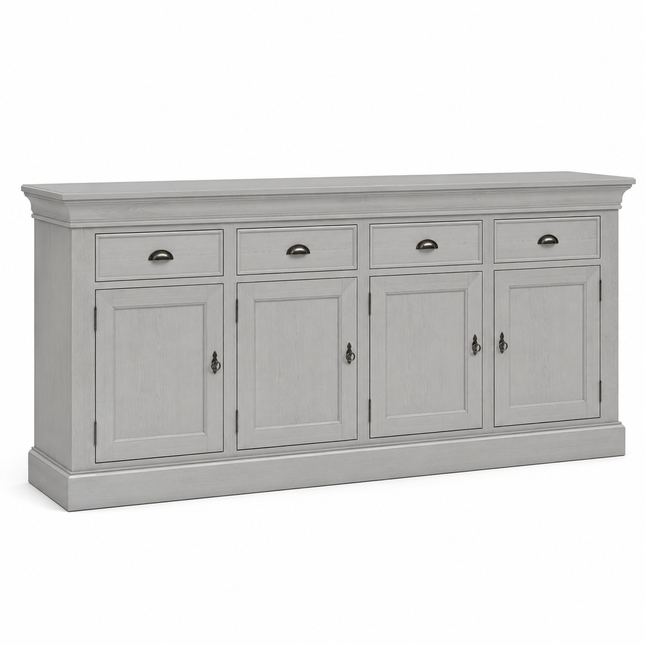 Breites Sideboard in Hellgrau 200 cm mit Kranzkante und Sockel