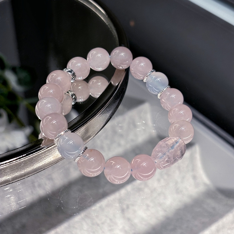 Rose Quartz Strawberry Quartz & Moonstone Bracelet – Love Energy Crystal Jewelry for Romance, Self-Love and New Connections