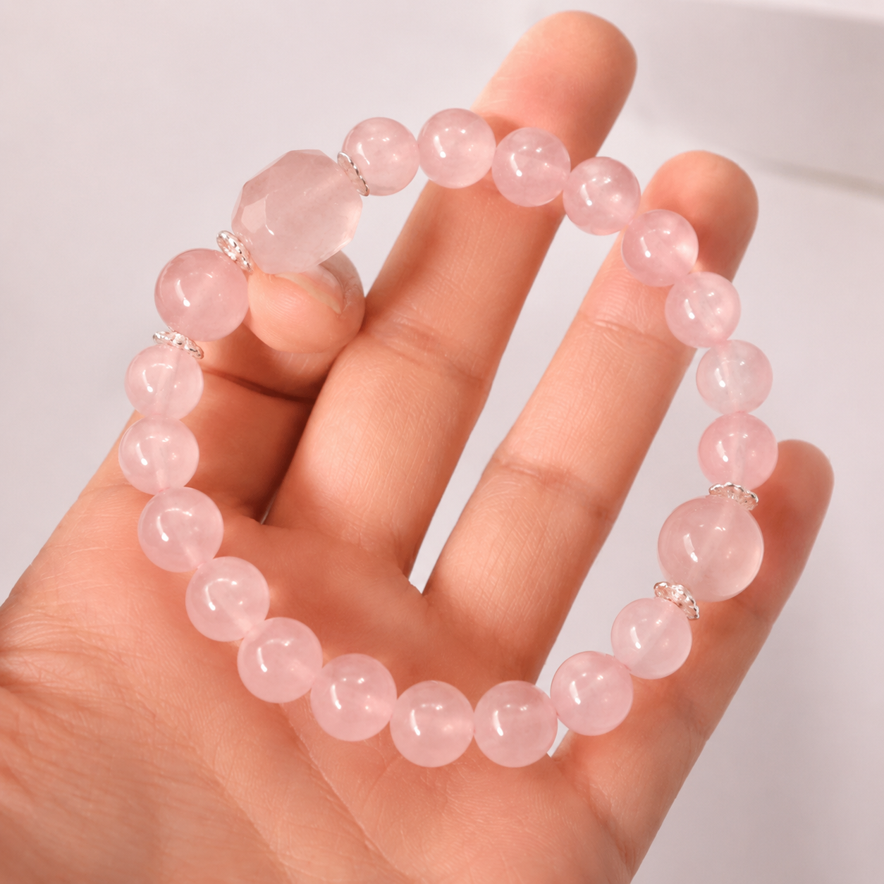 天然果凍粉晶x隨形切面晶簇手鍊 - 柔光守護・吸引力法則 | 莫桑比克輕奢幾何戀愛款