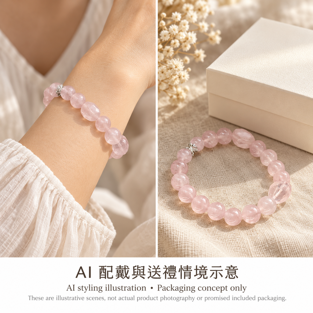 Soft Rose AI 配戴與送禮情境示意，非實拍或實際包裝承諾