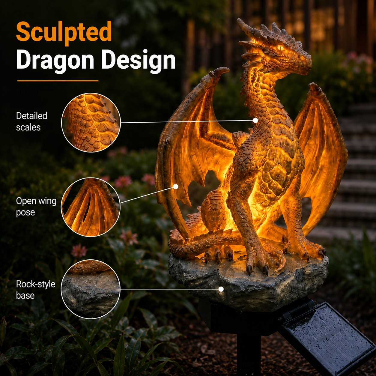 💥LAST DAY 50% OFF🐉✨Solar Dragon Garden Statue Light – Golden Ember Fantasy Outdoor Decor