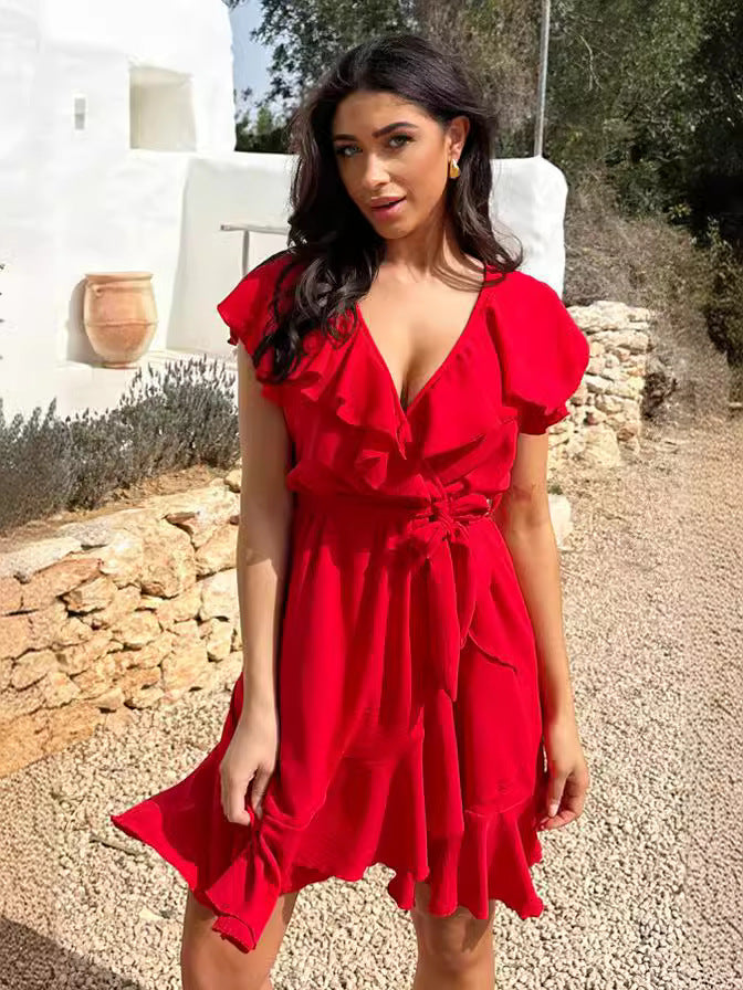 Women's Elegant Waist Tie V-Neck Ruffle Dress