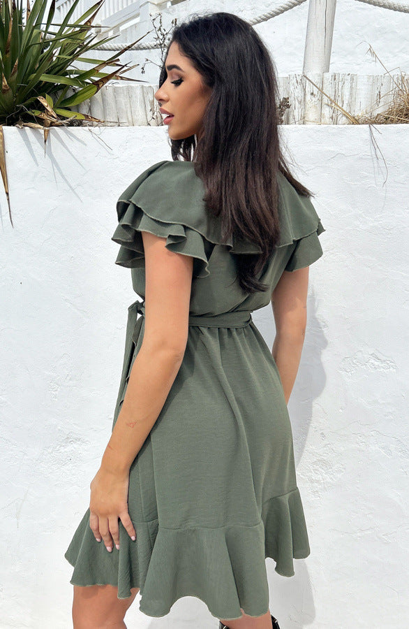 Women's Elegant Waist Tie V-Neck Ruffle Dress